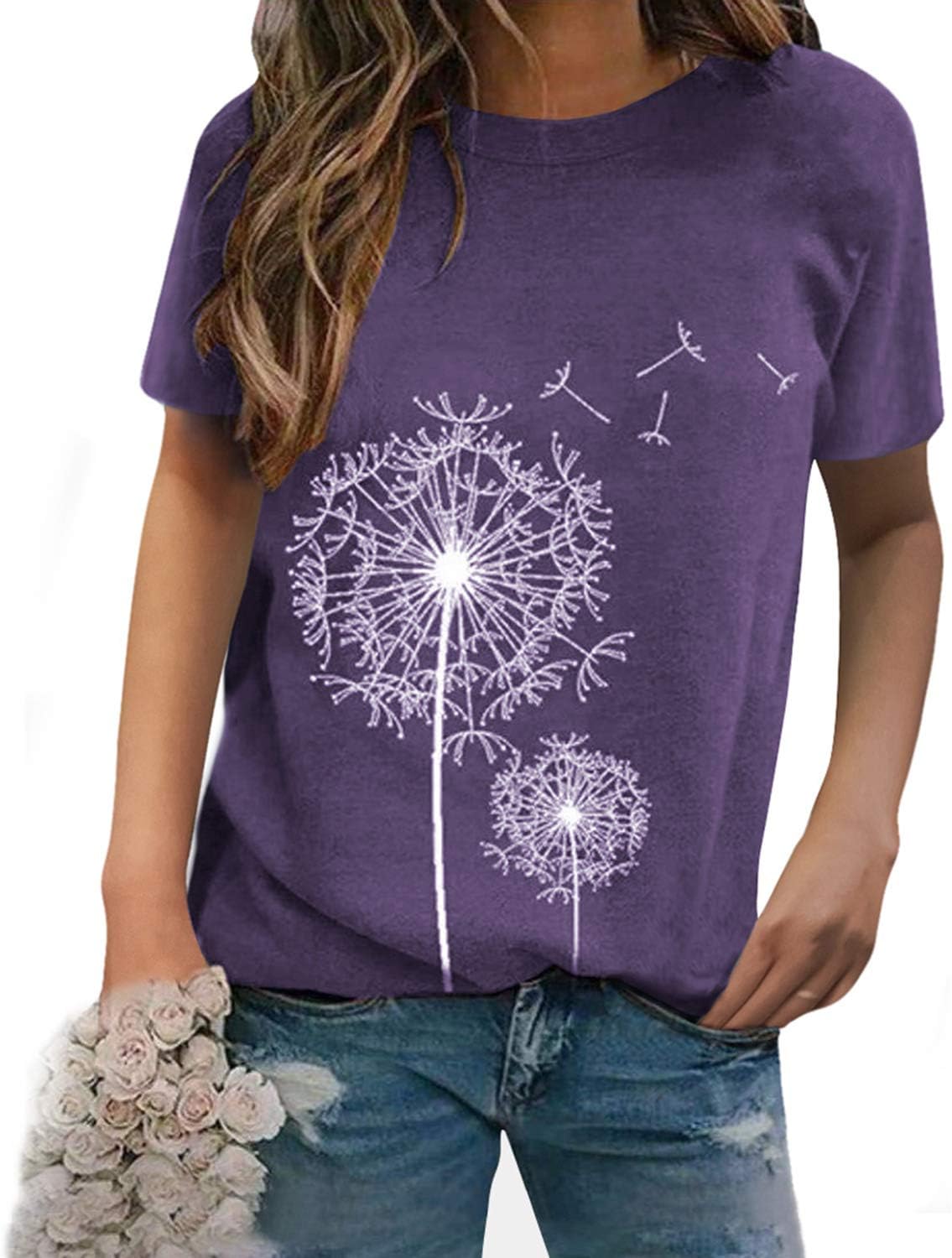Dresswel Women Dandelion T-Shirt Cute Graphic Print Crew Neck Short Sleeve Summe...