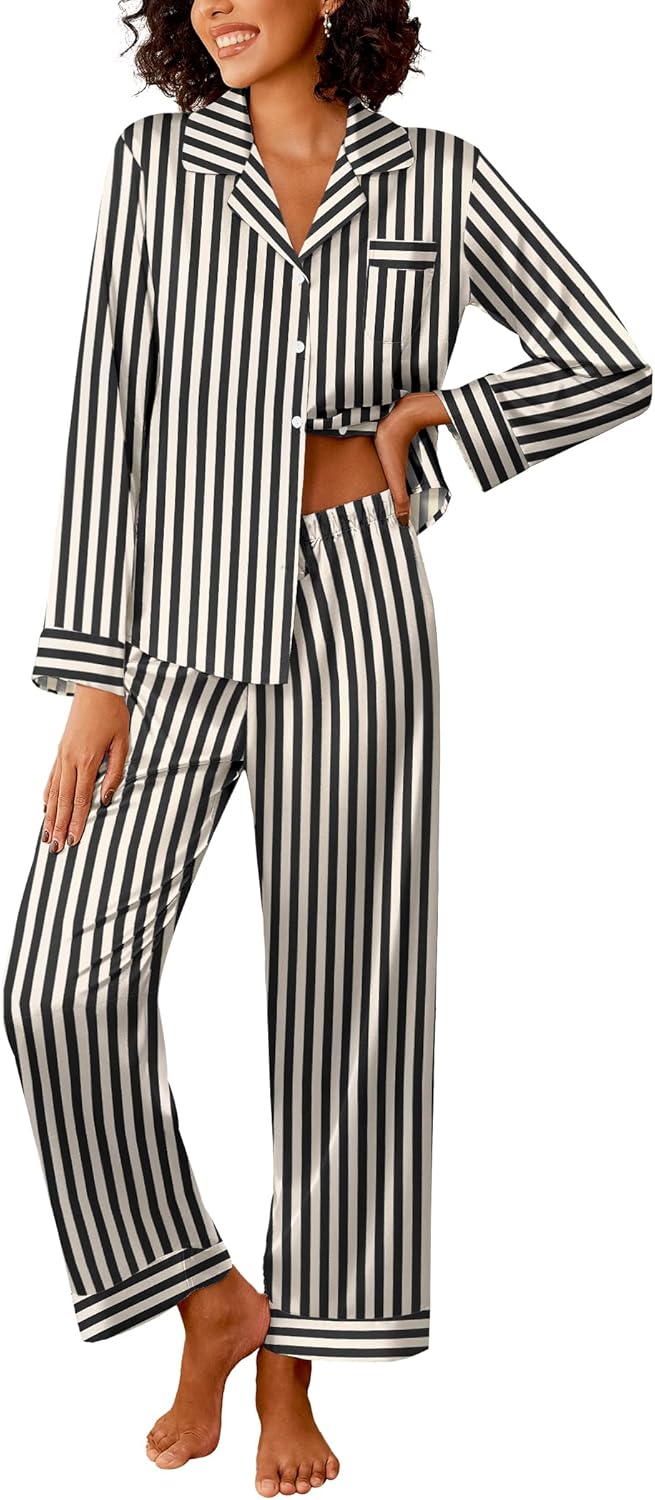 Ekouaer Womens Silk Satin Pajama Sets 2 Piece Sleepwear Pjs Set Long Sleeve Butt...