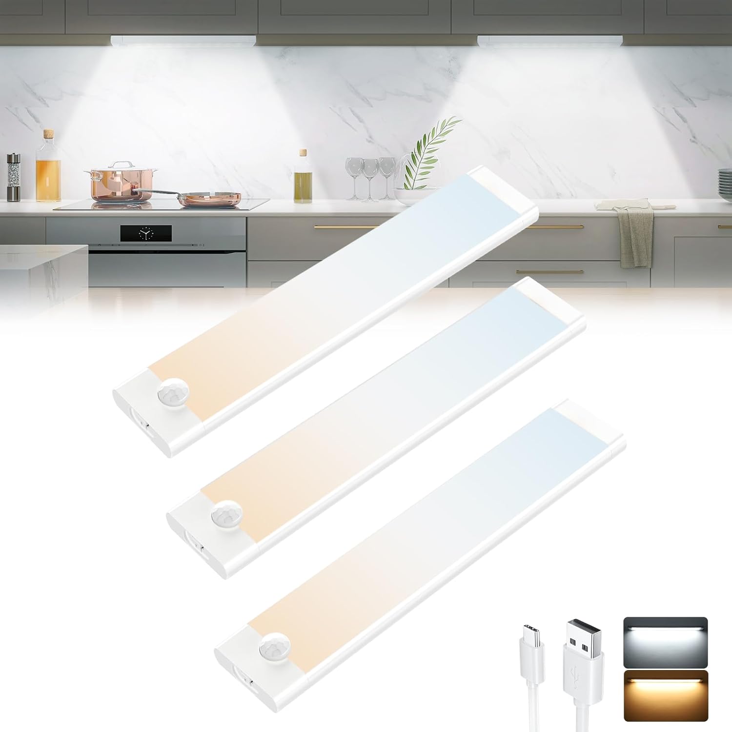 Tailcas Motion Sensor Lights Indoor, 20cm 44 LED 2000mAh USB-C Rechargeable Dimm...