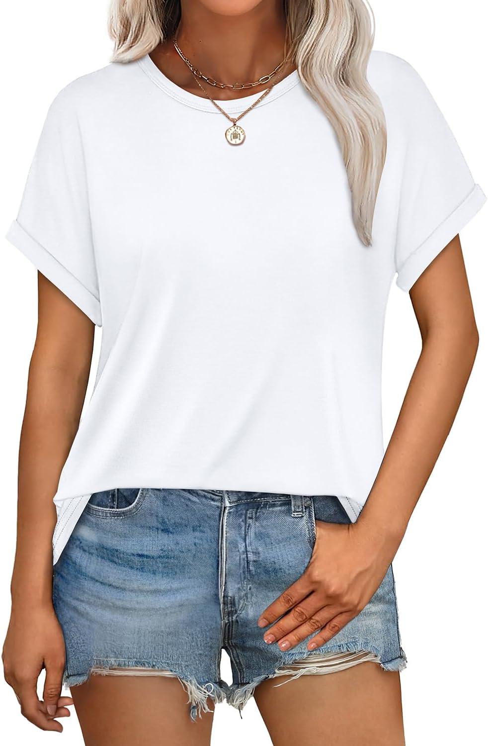 WEESO Womens T Shirts Crew Neck Rolled Short Sleeve Basic Summer Tops 2025 Casua...