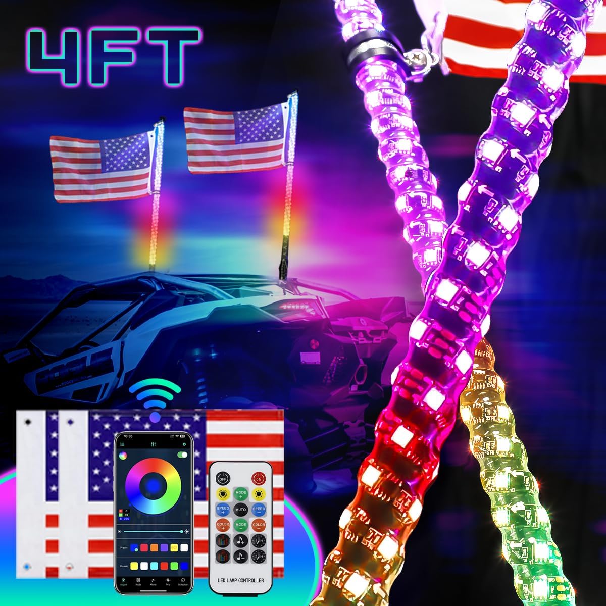UNI-SHINE 2PCS 4FT LED Whip Lights with Spring Base Spiral RGB Chasing Lights wi...