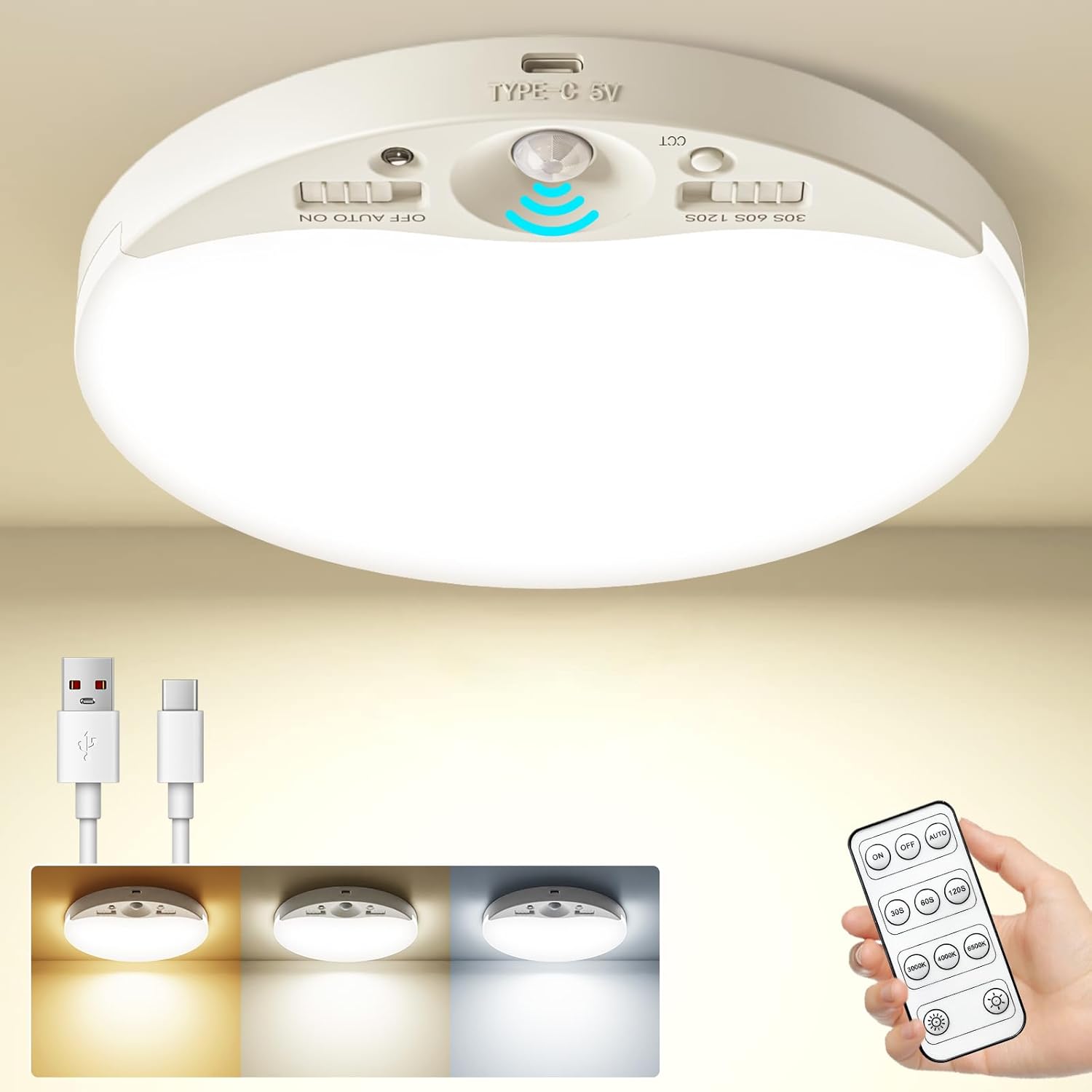 zemty Rechargeable Motion Sensor Ceiling Light with Remote, 6.3in LED Ceiling Li...