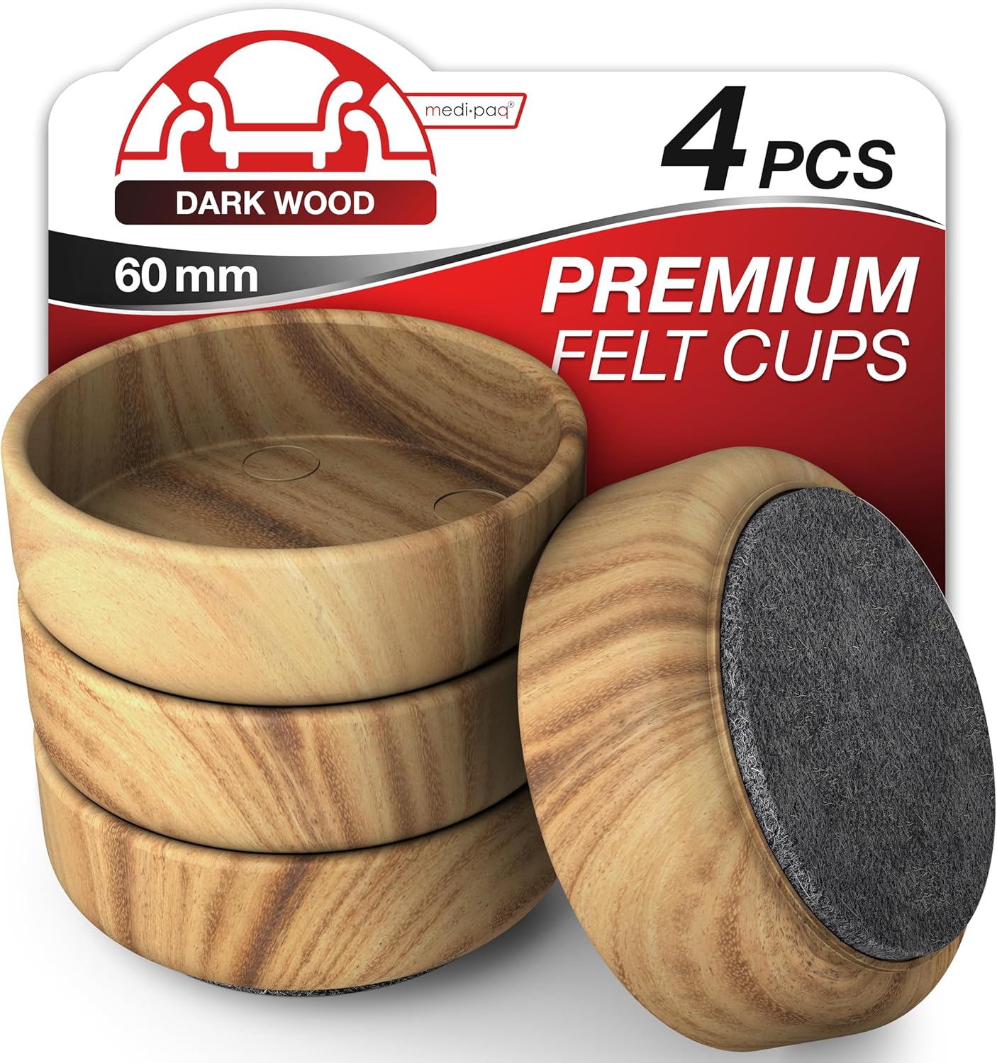 Medipaq Felt Castor Cups – 4x Large 60mm Dark Wood Grain – Protects Wooden & Smo...