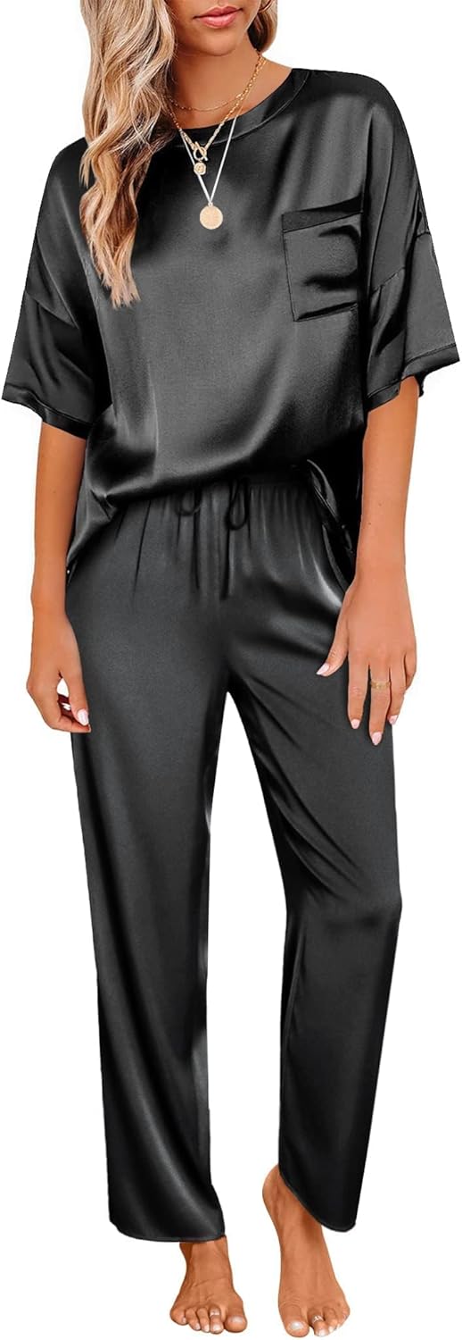 Ekouaer Womens Satin Silky Pajama Set Short Sleeve Shirt with Long Pajama Pant S...