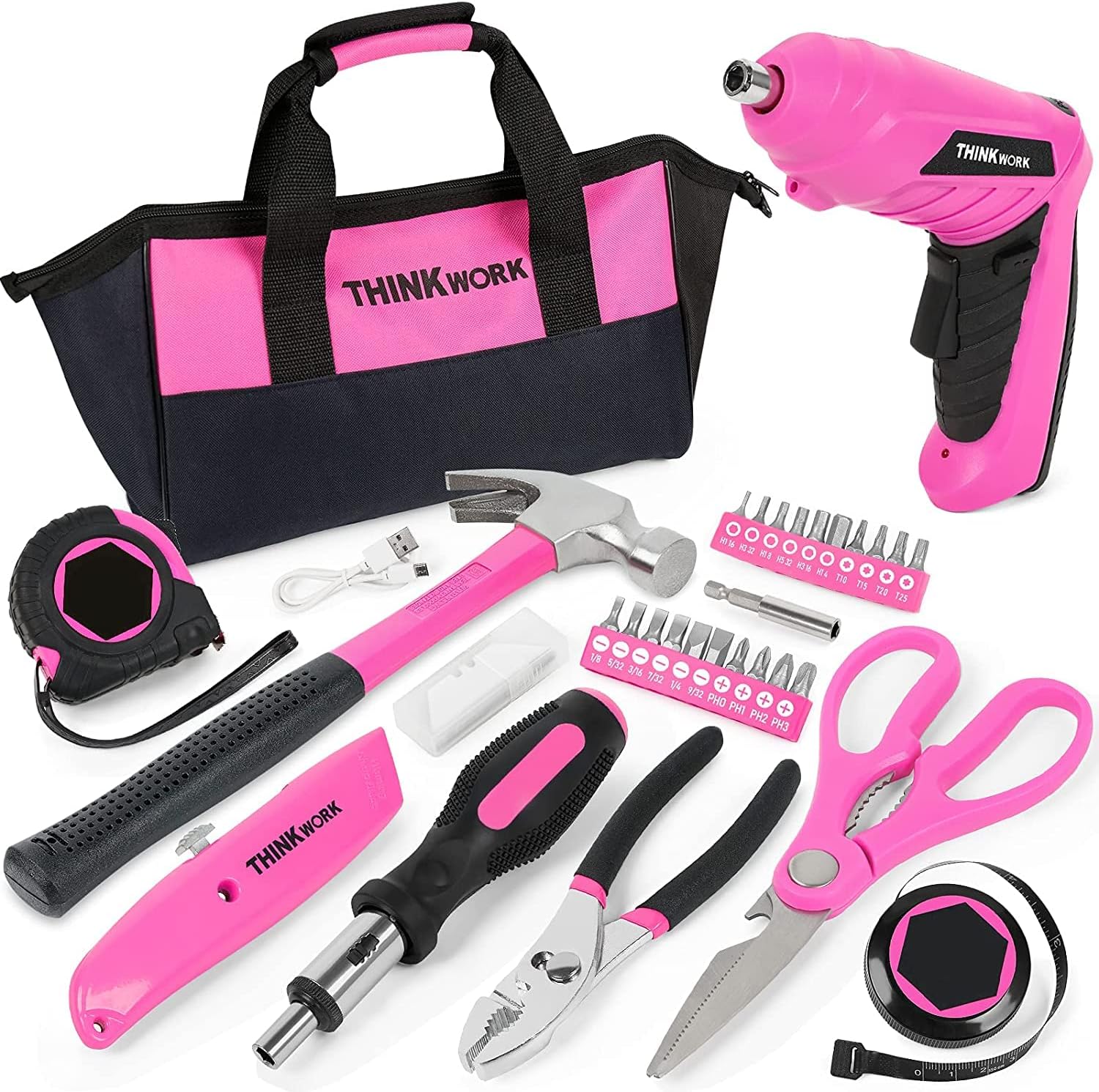 THINKWORK 41 Piece Pink Tool Set - Lady's Hand Tool Set with 3.6V Rotatable Elec...