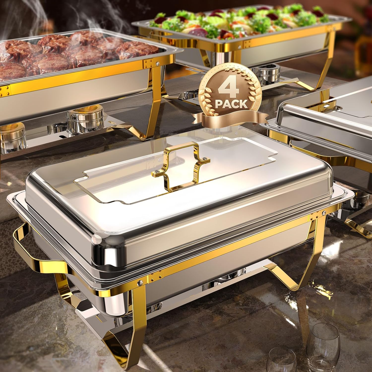 Chafing Dishes for Buffet 4 Pack, 9QT [Elegant Gold and Silver Colors] Stainless...
