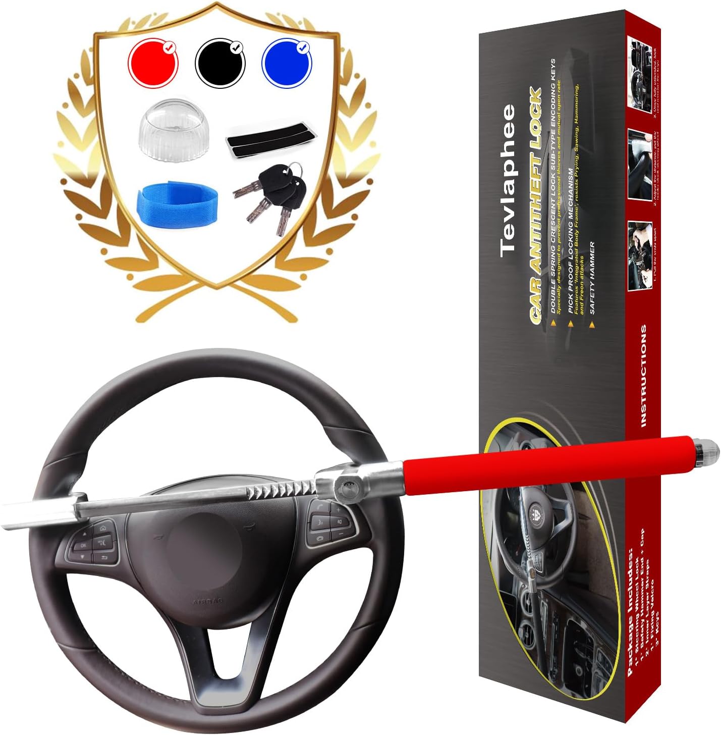 Tevlaphee Steering Wheel Lock Anti Theft Car Device Universal Prevention Adjusta...