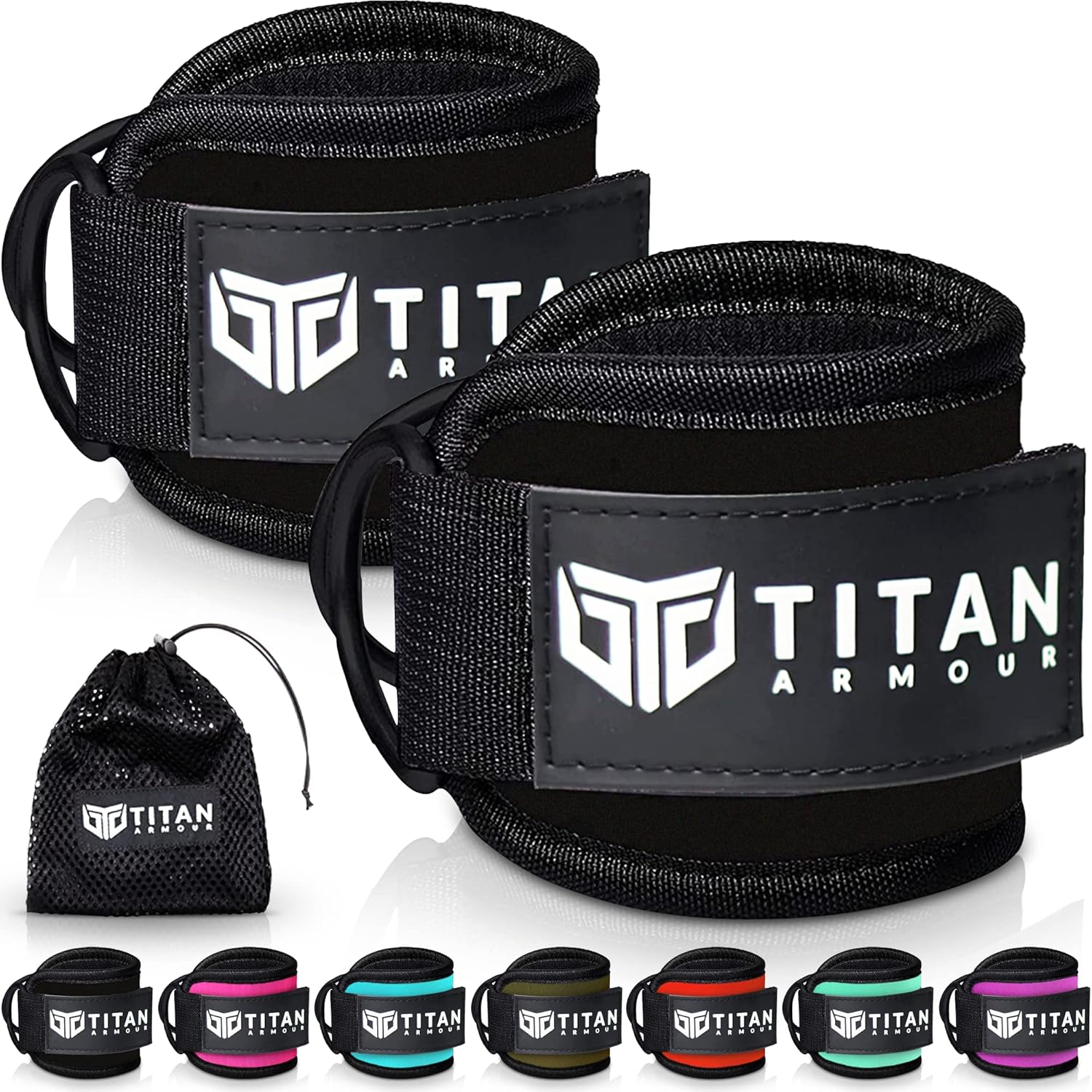 Titan Armour® Ankle Straps for Cable Machines | Gym Cuffs w/Heavy-Duty Steel Dou...
