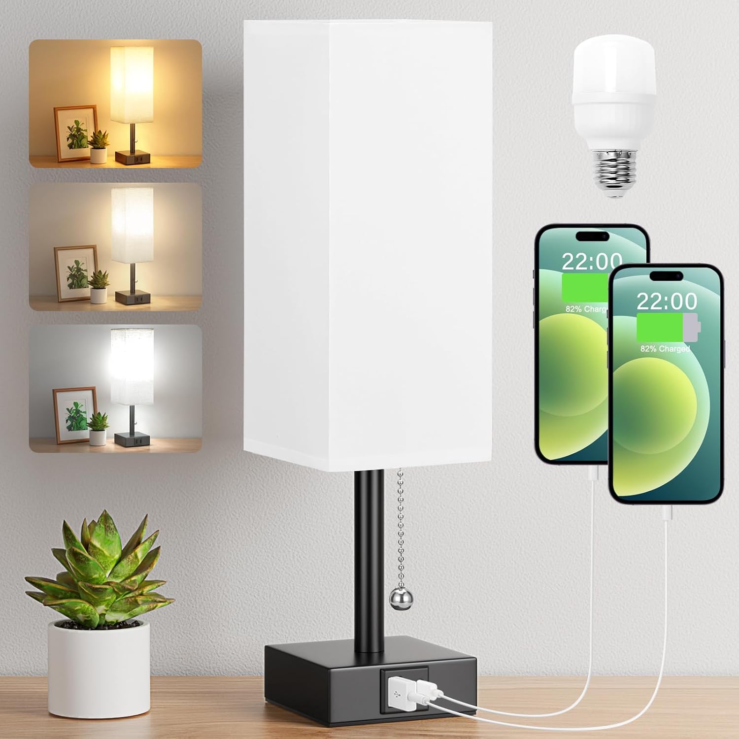 Aooshine Bedside Lamp, Table Lamp for Bedroom, Lamp with USB C+A Charging Ports,...
