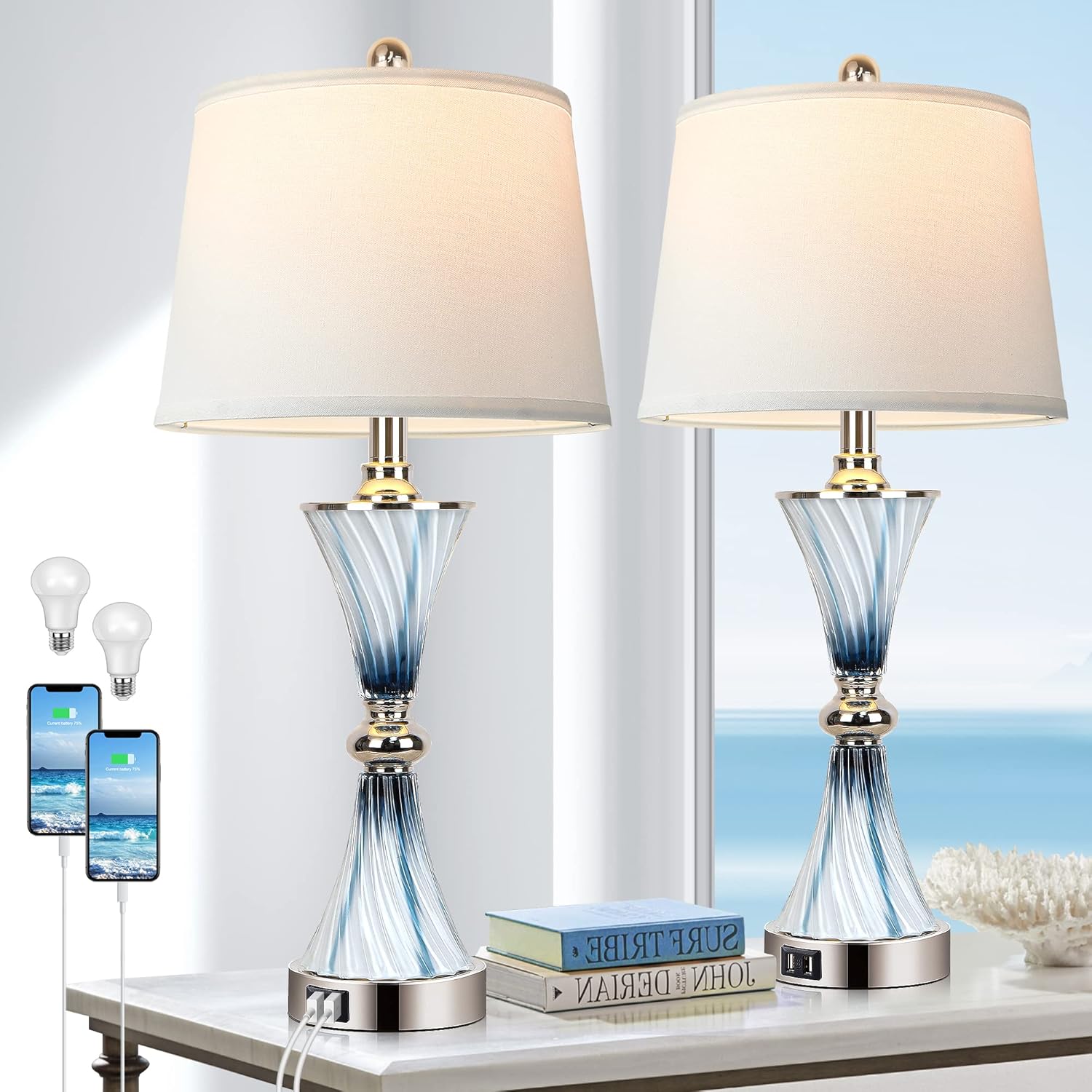 Set of 2 Blue Glass Table Lamps for Bedrooms with 2 USB ports 3-Way Dimmable Tou...