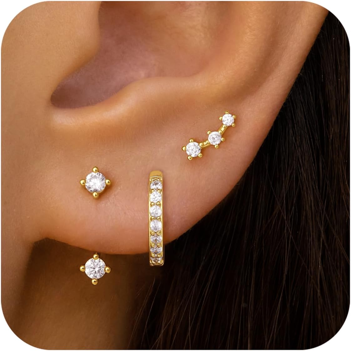 Gold Stud Earrings Set for Women, 3 Pairs Huggie Hoop Jacket Studs Earring Stack...