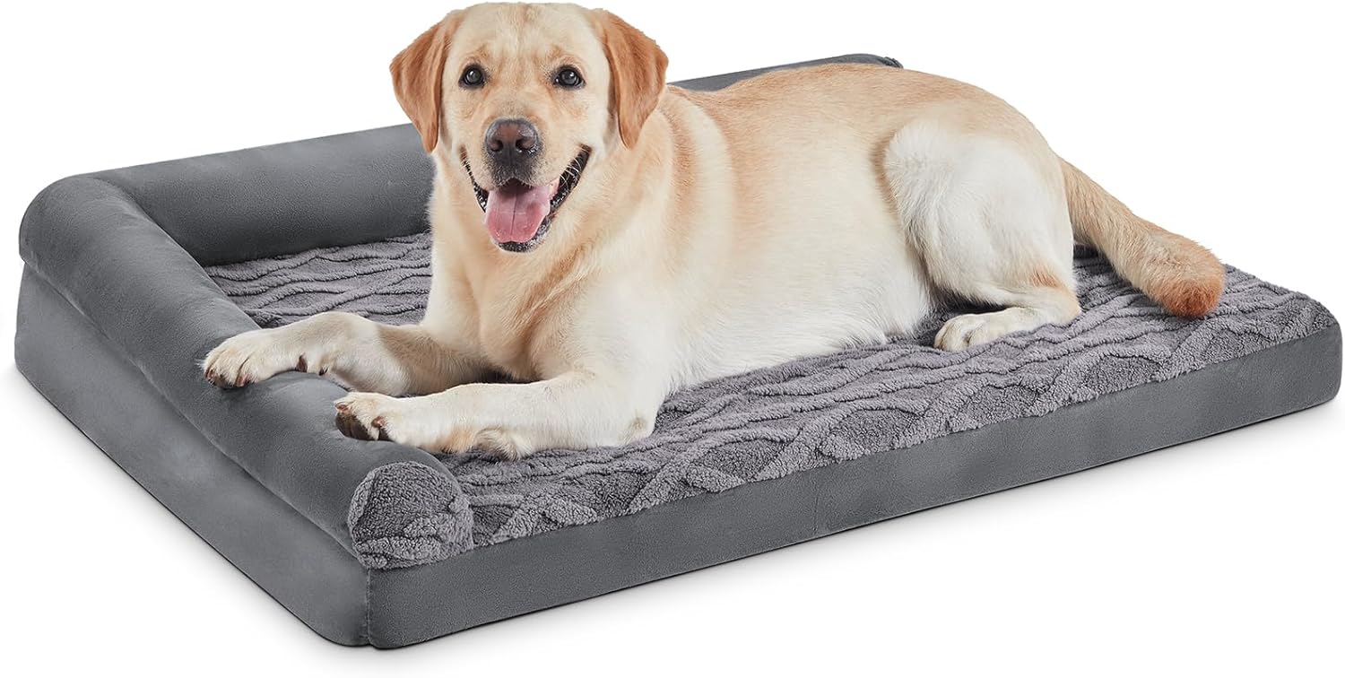 JOEJOY Large Dog Bed Washable, Memory Foam Dog Mat Mattress with L-shaped Bolste...