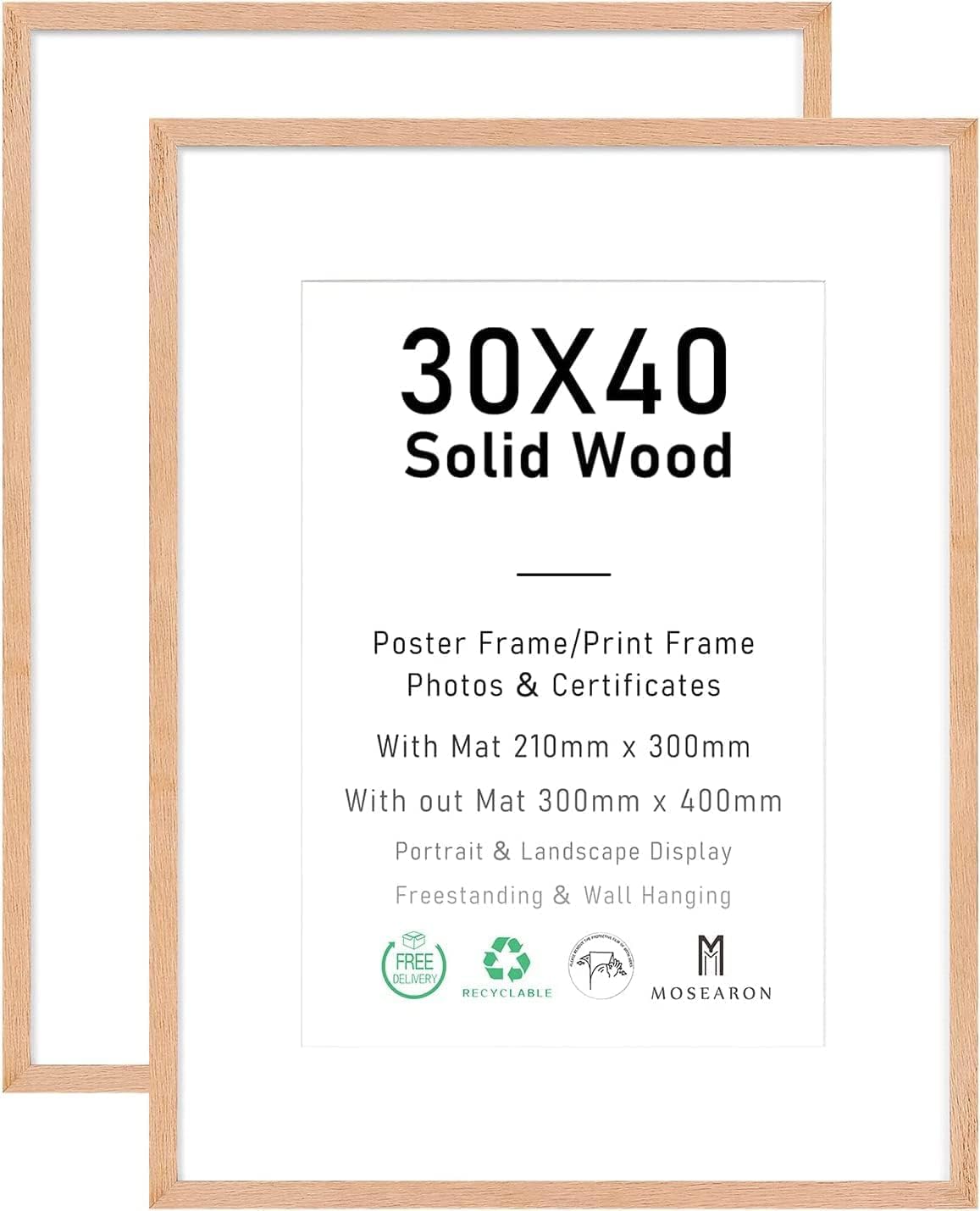 30x40cm Certificate Picture Frame,OAK Wood Photo Frame with mount for A4 or 4-4x...