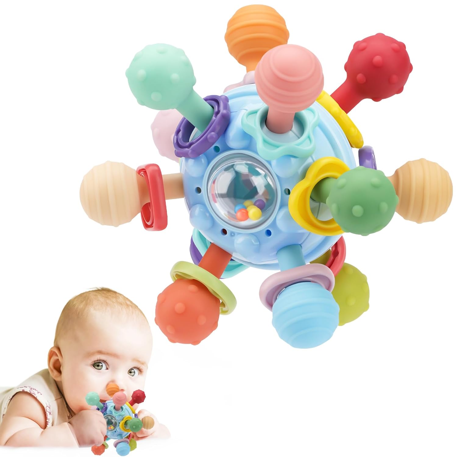 TOHIBEE Baby Montessori Sensory Teether Toy for 0-6, 6-12 Months, Blue, Silicone...