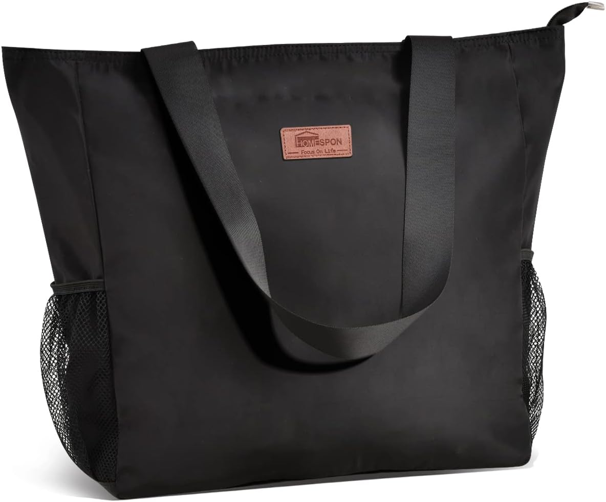HOMESPON Large Waterproof Beach Tote Bag with Zip and Pockets for Women (Black)