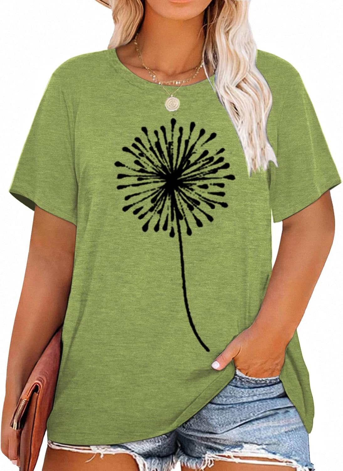 HDLTE Women Plus Size T Shirts Short Sleeve Casual Graphic Tee Tops Grass Green...