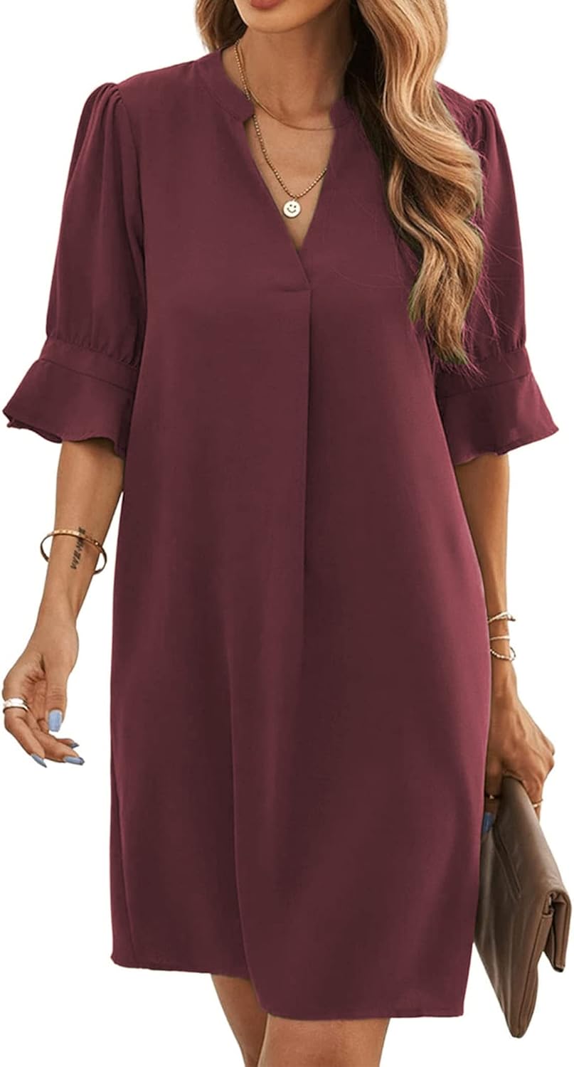 Famulily Women's V Neck Half Sleeve Shirt Dress Elegant Summer Casual Solid Colo...