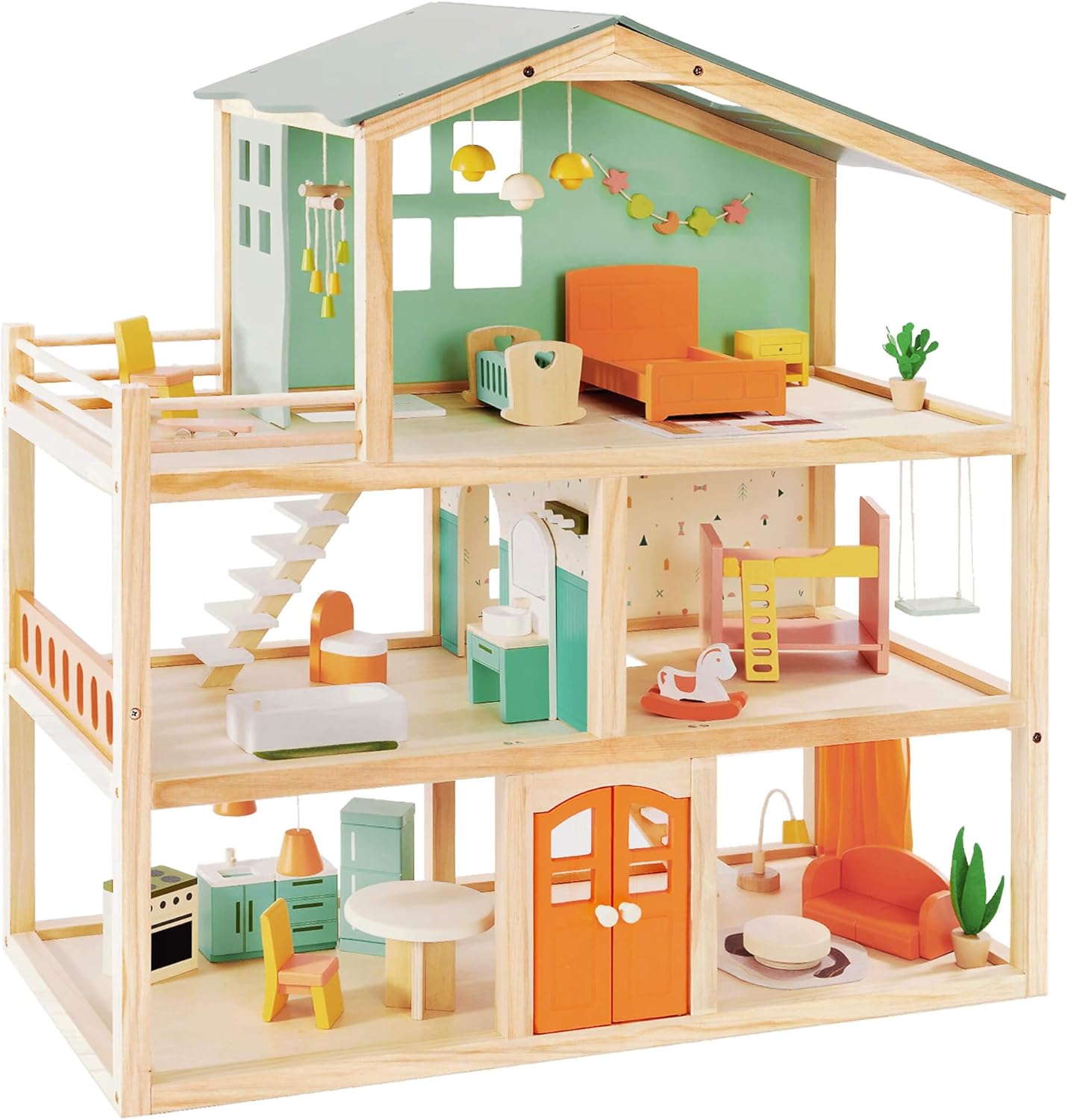 Large Wooden Dollhouse for Girls with 32 Pcs Furniture Accessories, 3-Story Doll...