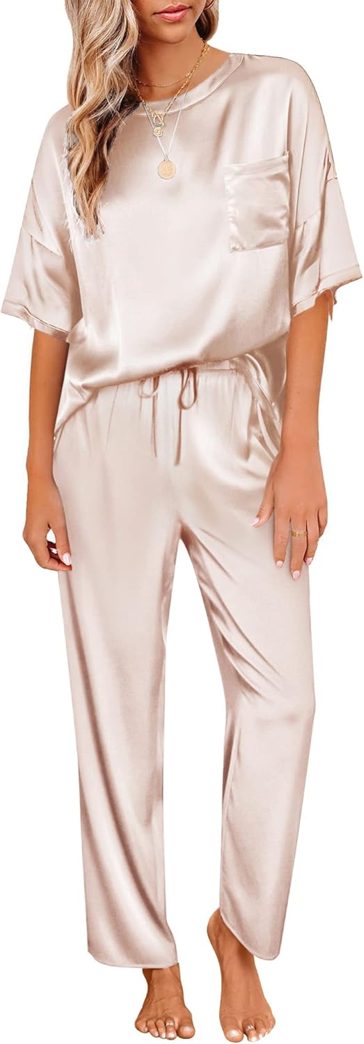 Ekouaer Womens Satin Silky Pajama Set Short Sleeve Shirt with Long Pajama Pant S...