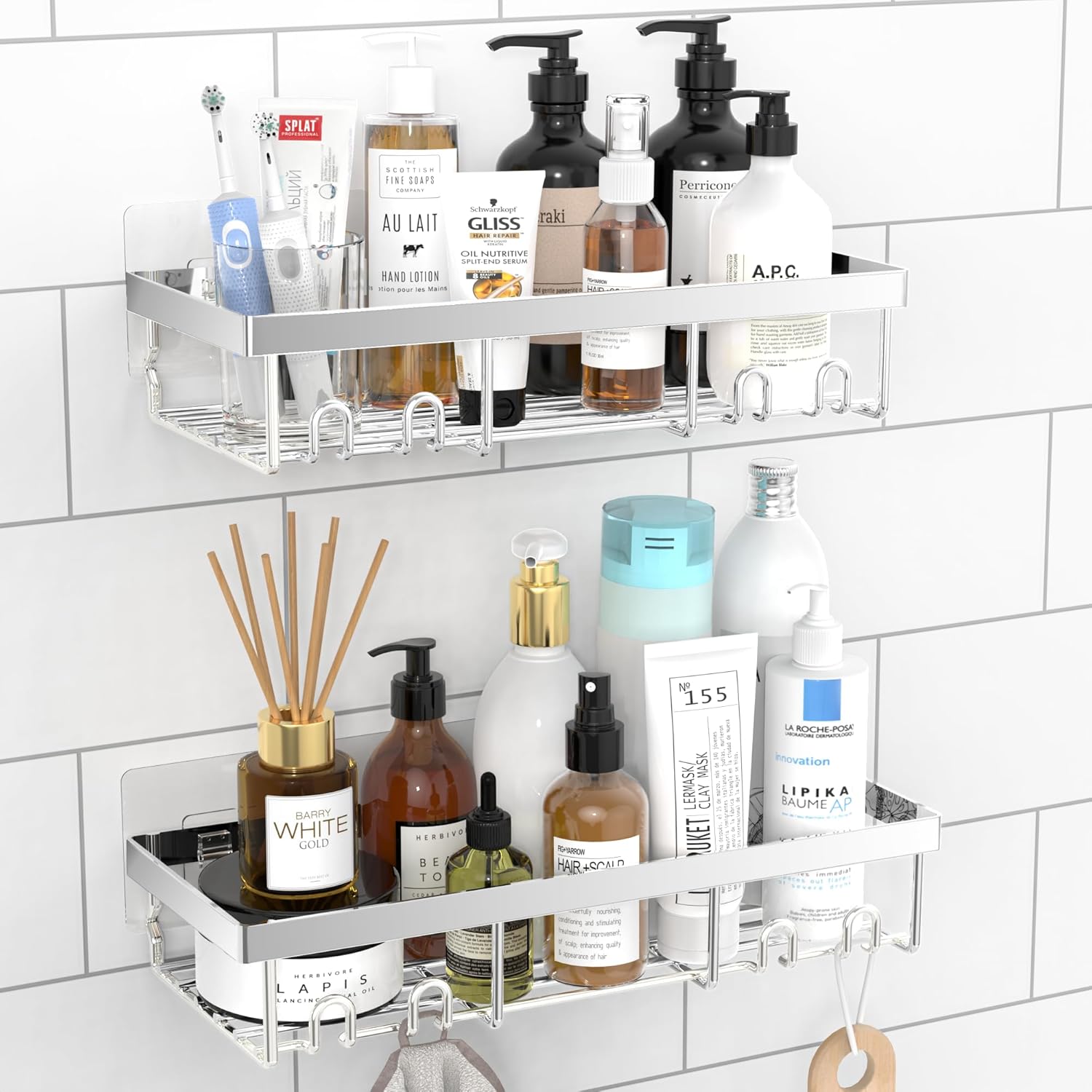 DIFULI Shower Caddy Shelf Organiser 2 Pack, No Drill Silver Shower Shelves, Self...