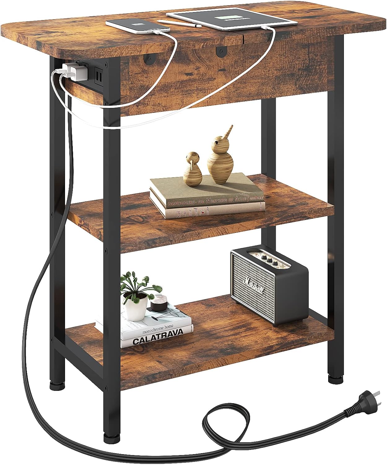 LIDYUK End Table with Charging Station, Flip Top Side Table with USB Ports and O...