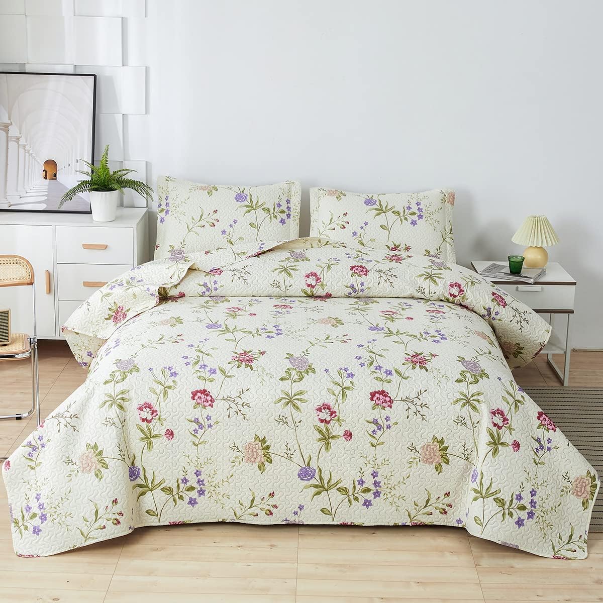 Vintage Floral Quilts King Size Lightweight Bedspread Rustic Botanical Bedding G...