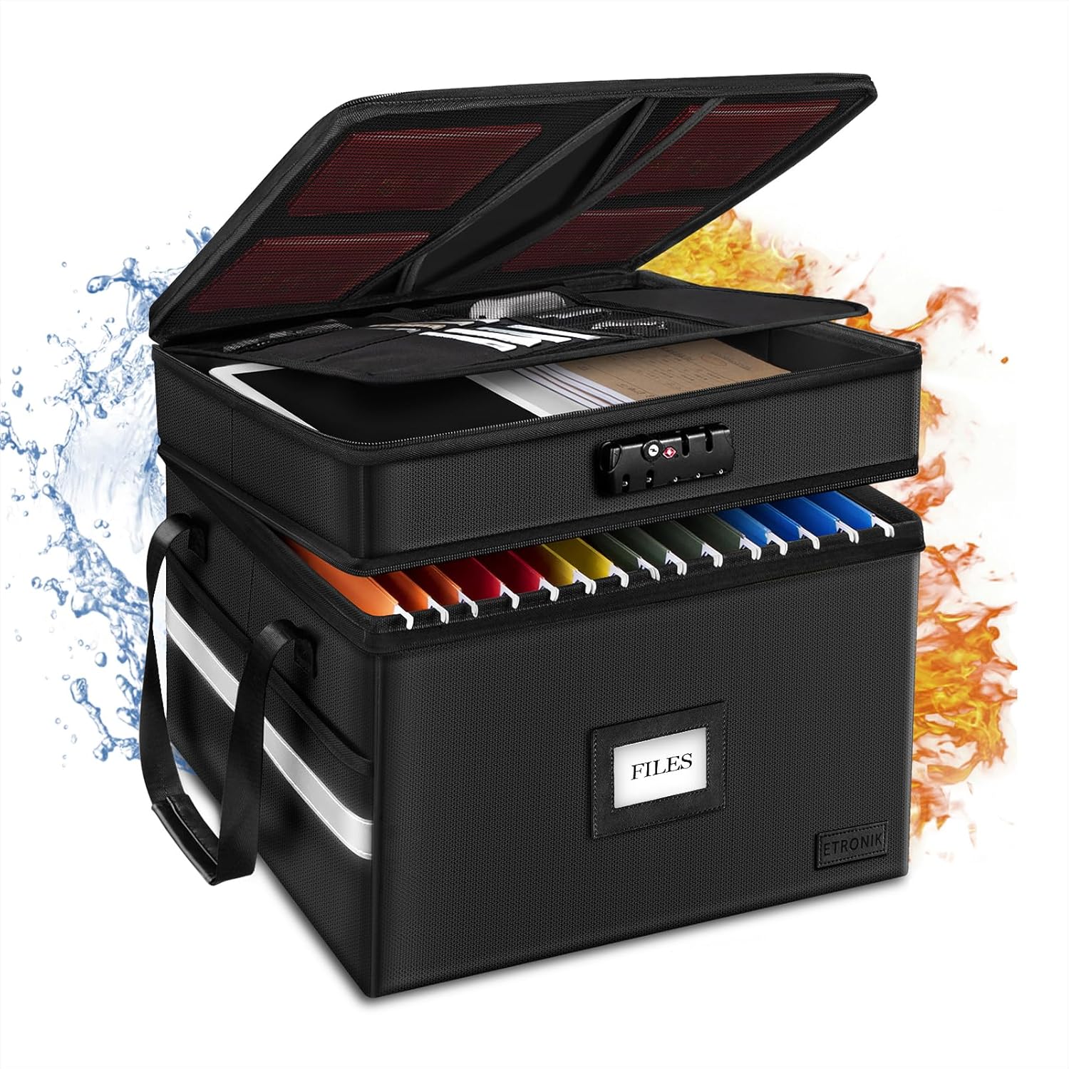 ETRONIK Fireproof Document Box with Lock, 2 Layer File Cabinet Organizer with 5...