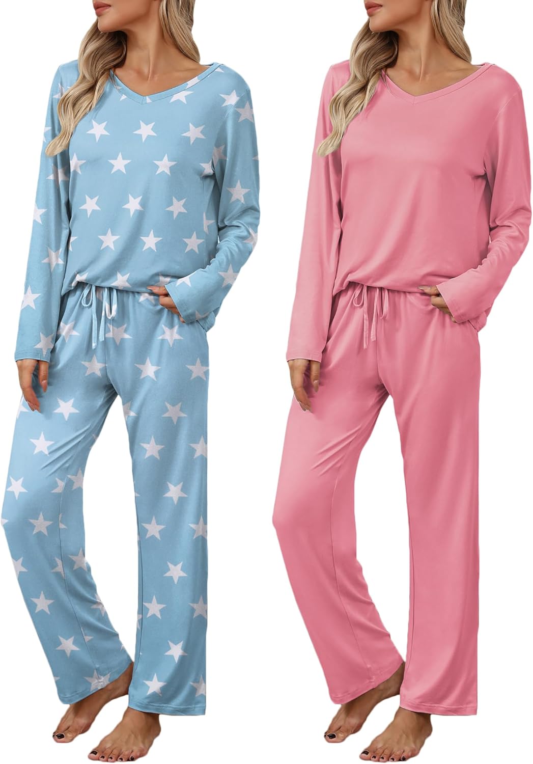 Ekouaer Womens 2 Pack Pajama Set Long Sleeve Pajamas Top and Pants V Neck Pjs Se...