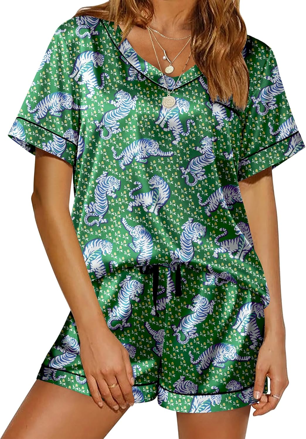 Ekouaer Silk Pajama for Women Short Sleeve Satin Pj Set Two Piece Soft Sleepwear...