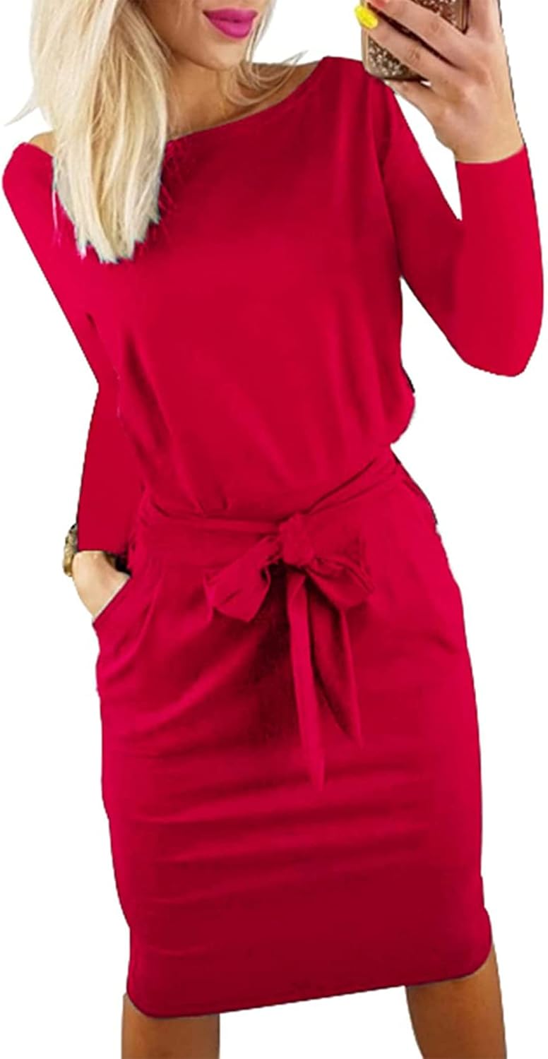 PRETTYGARDEN Women's Fall Bodycon Party Dress Casual Long Sleeve Tie Waist Fitte...