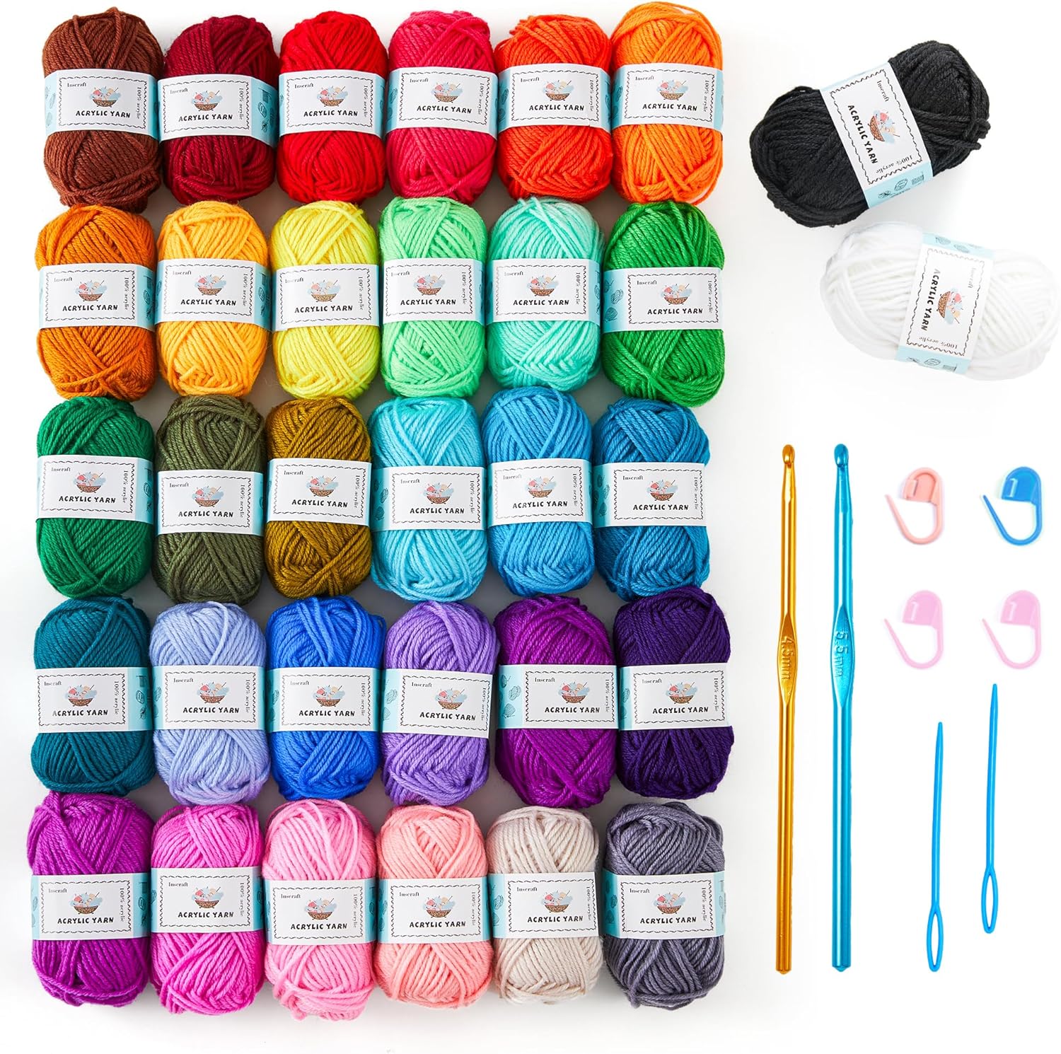 Crochet Yarn Kit for Beginners, 1440 Yards 32 Colors Acrylic Yarn Skeins, 2 Croc...