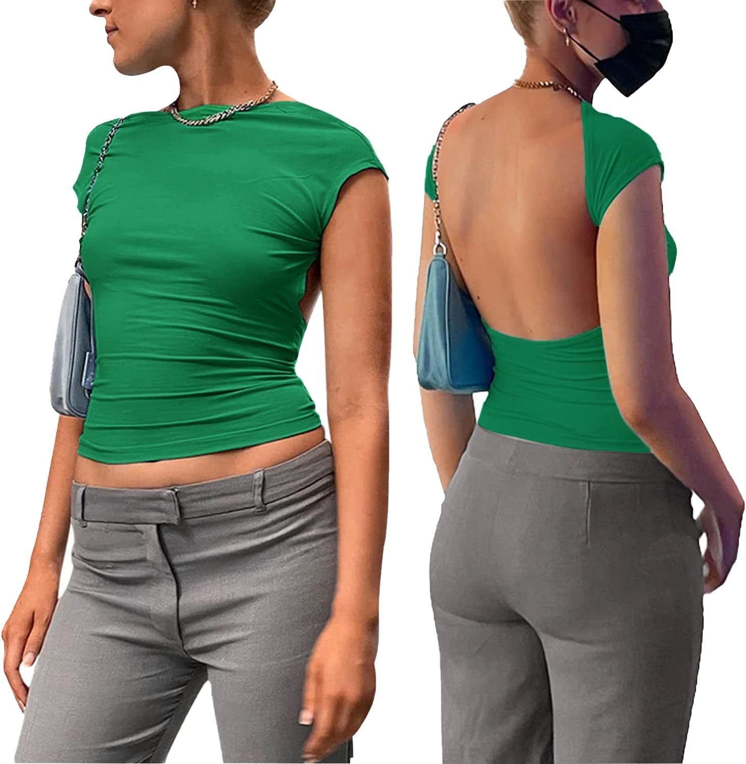 ForeFair Women Sexy Backless Short Sleeve Slim Fit Crewneck Summer Casual Y2K Cr...