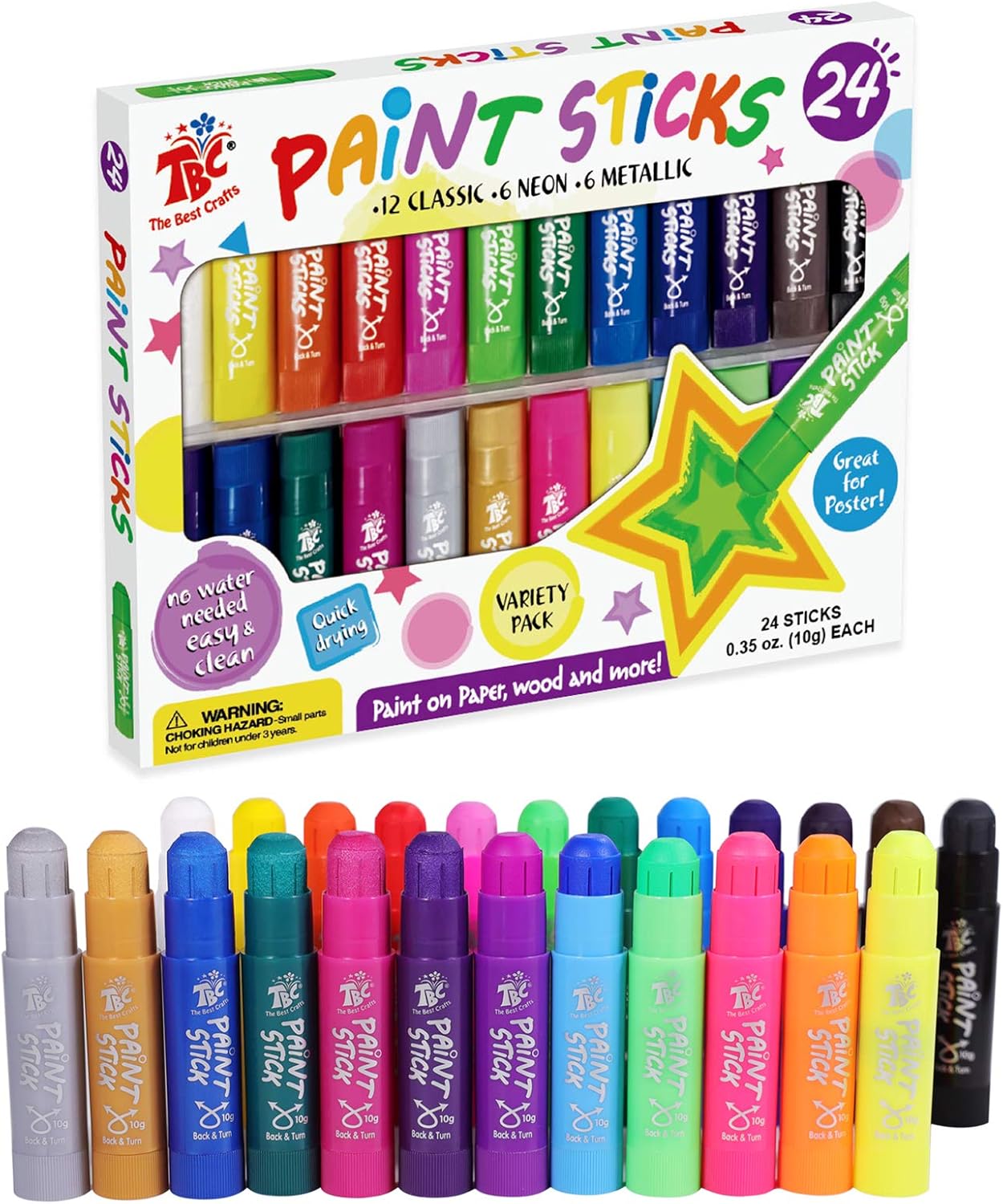 TBC The Best Crafts Paint Sticks,24 Classic Colors, Washable Paint, Non-toxic, T...