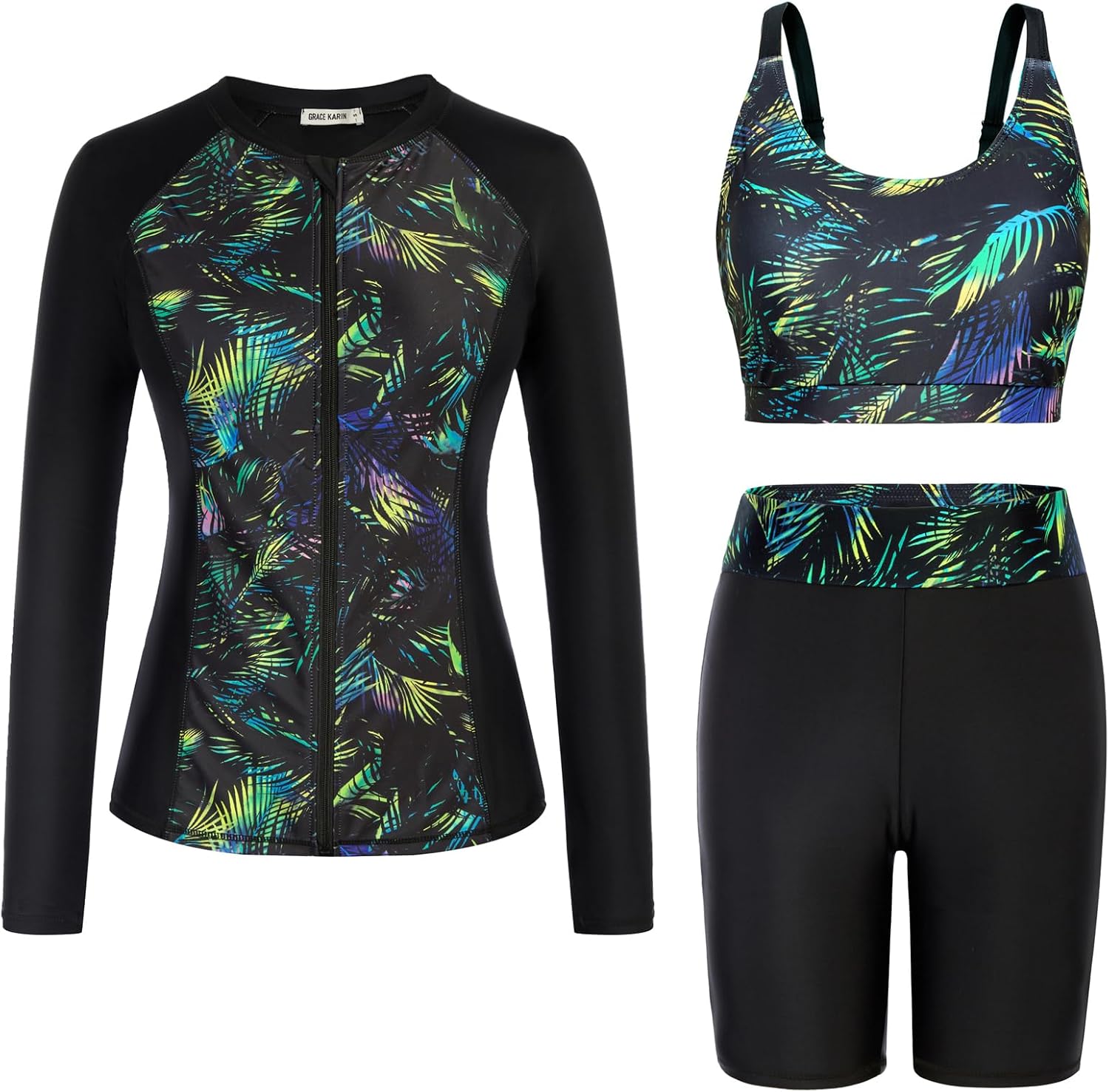 GRACE KARIN Women 3 Piece Rash Guard Built-in Bra Long Sleeve Zip Front Swim Shi...