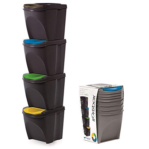 KrysGo 20 Litre Large Stackable Recycling Sorting Colour Coded Plastic Bins with...