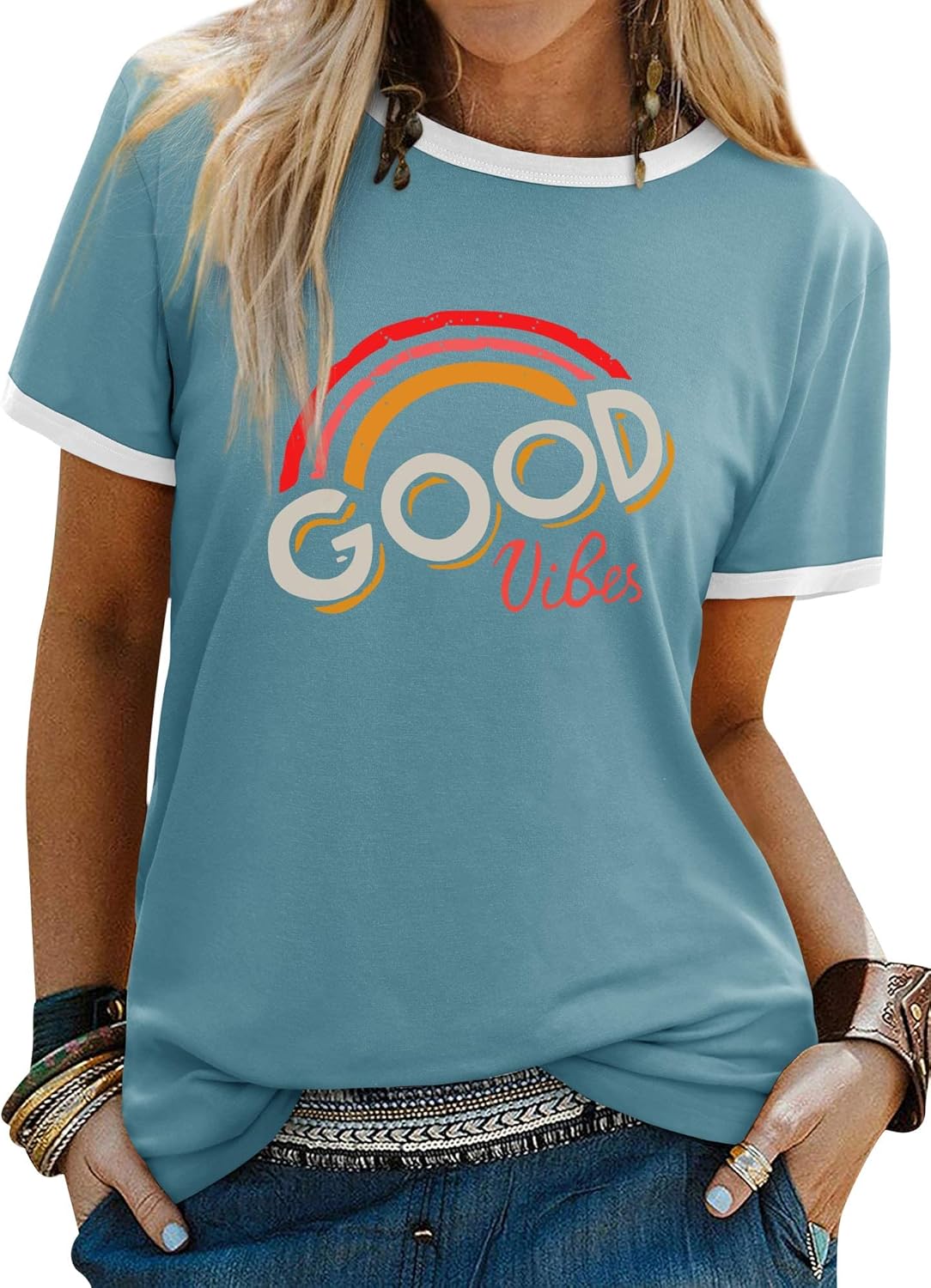 Dresswel Women Good Vibes T-Shirt Rainbow Graphic Print Tee Shirts Summer Tops L...