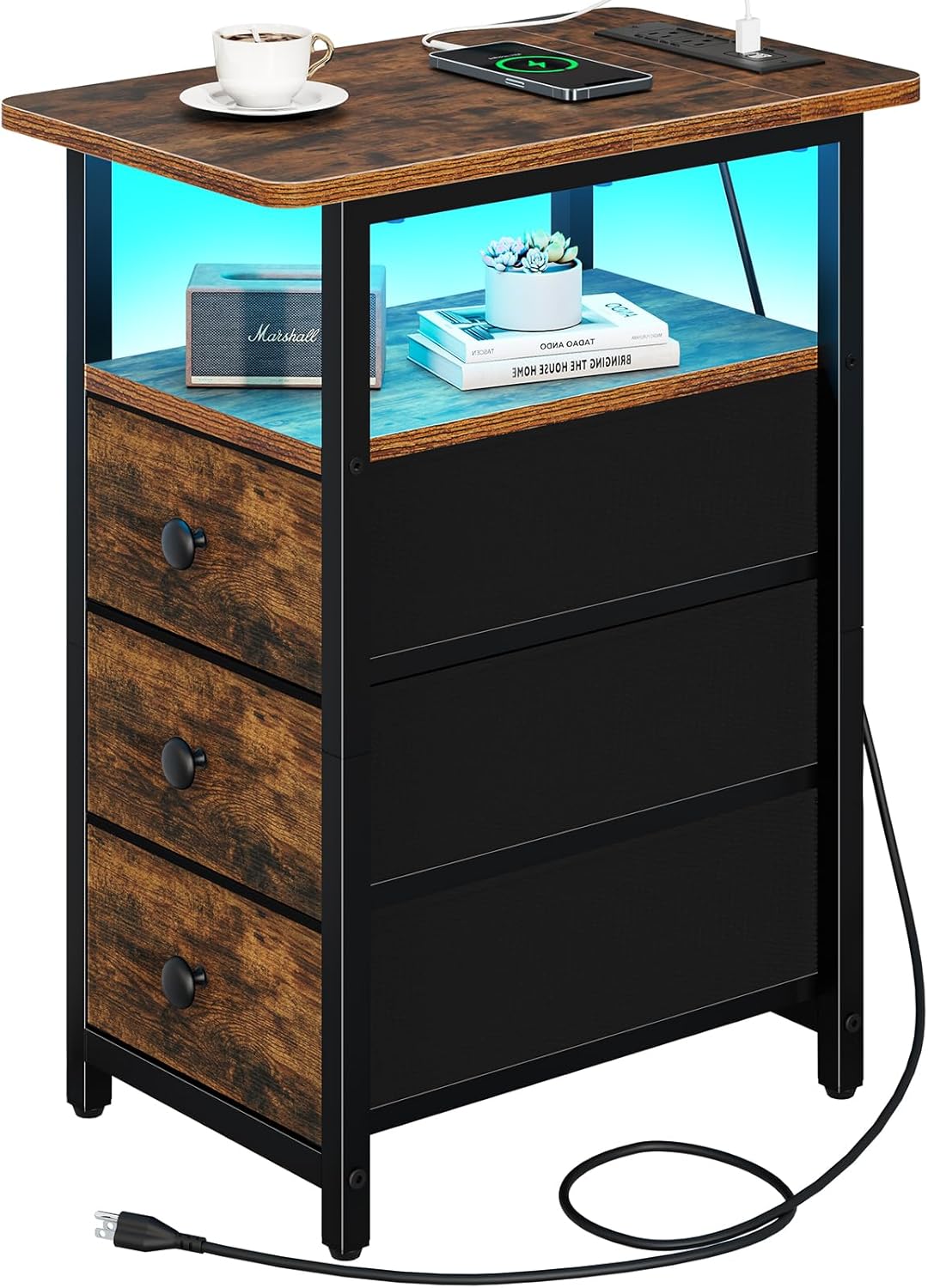 Yoobure End Table with Charging Station, LED Narrow Side Table Bedside Table, Sm...