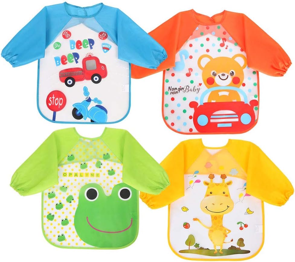 Vicloon Bibs with Sleeves, 4 Pcs Baby Waterproof Weaning Toddler Bib, Long Sleev...