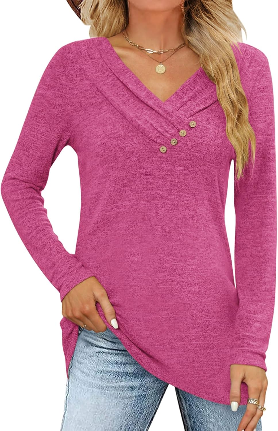 Women's Fall Long Sleeve Tunic Tops for Leggings V Neck Button Casual Blouse Swe...