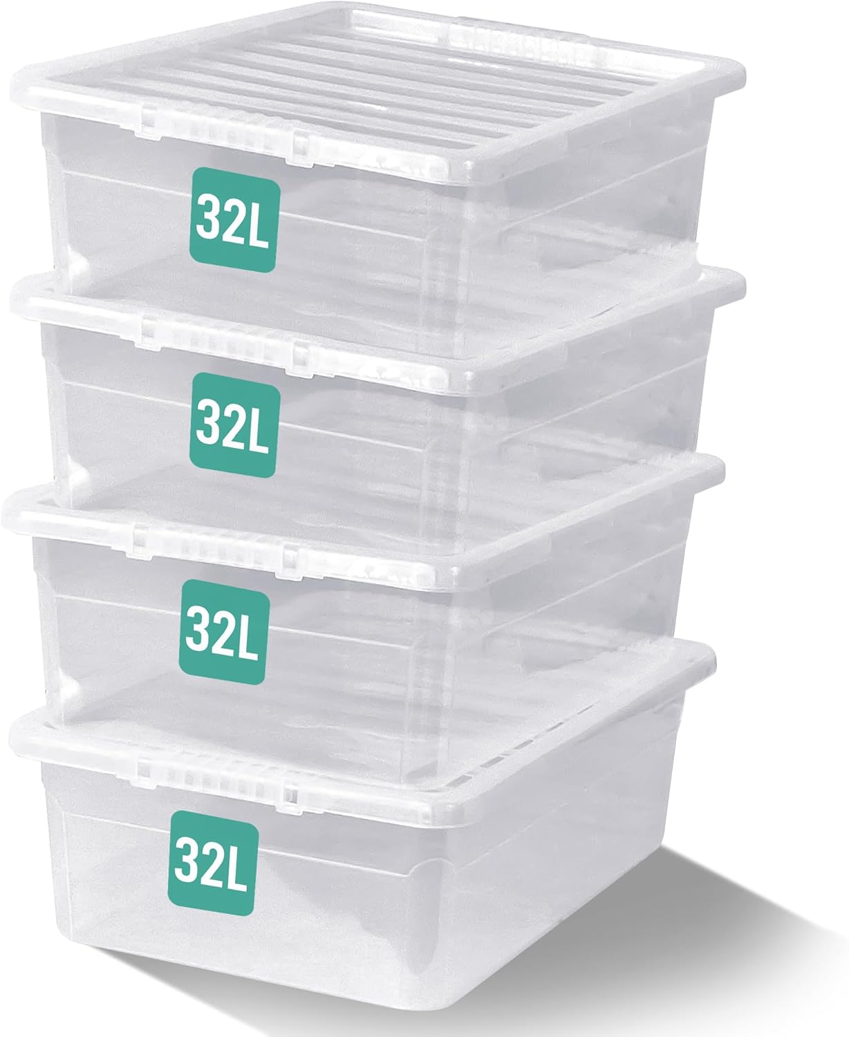 KLASS 32L Underbed Storage Boxes With Lids Set of 4, Clear Storage Boxes With Li...
