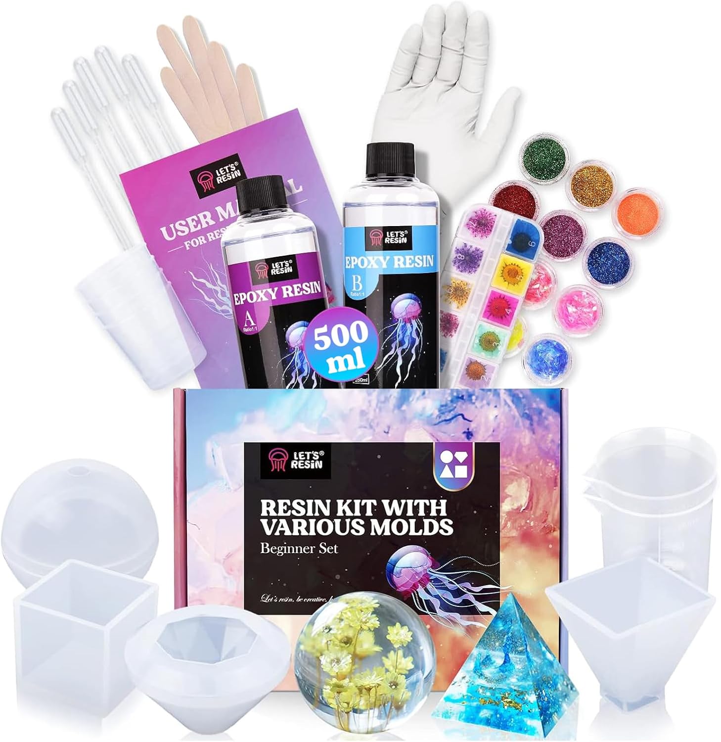 LET'S RESIN Epoxy Resin Kits for Beginners with Moulds, 500ml Epoxy Resin Crysta...