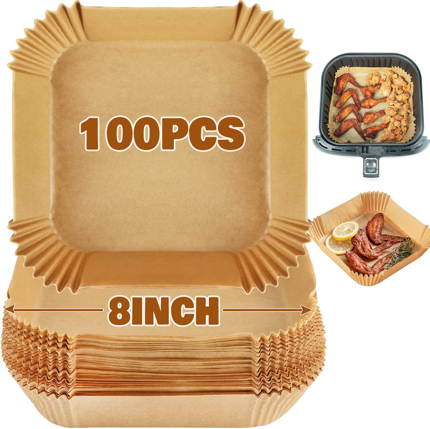 YQL Air Fryer Liners, 100pcs 8 inches Square Air Fryer Liners Disposable Non Sti...