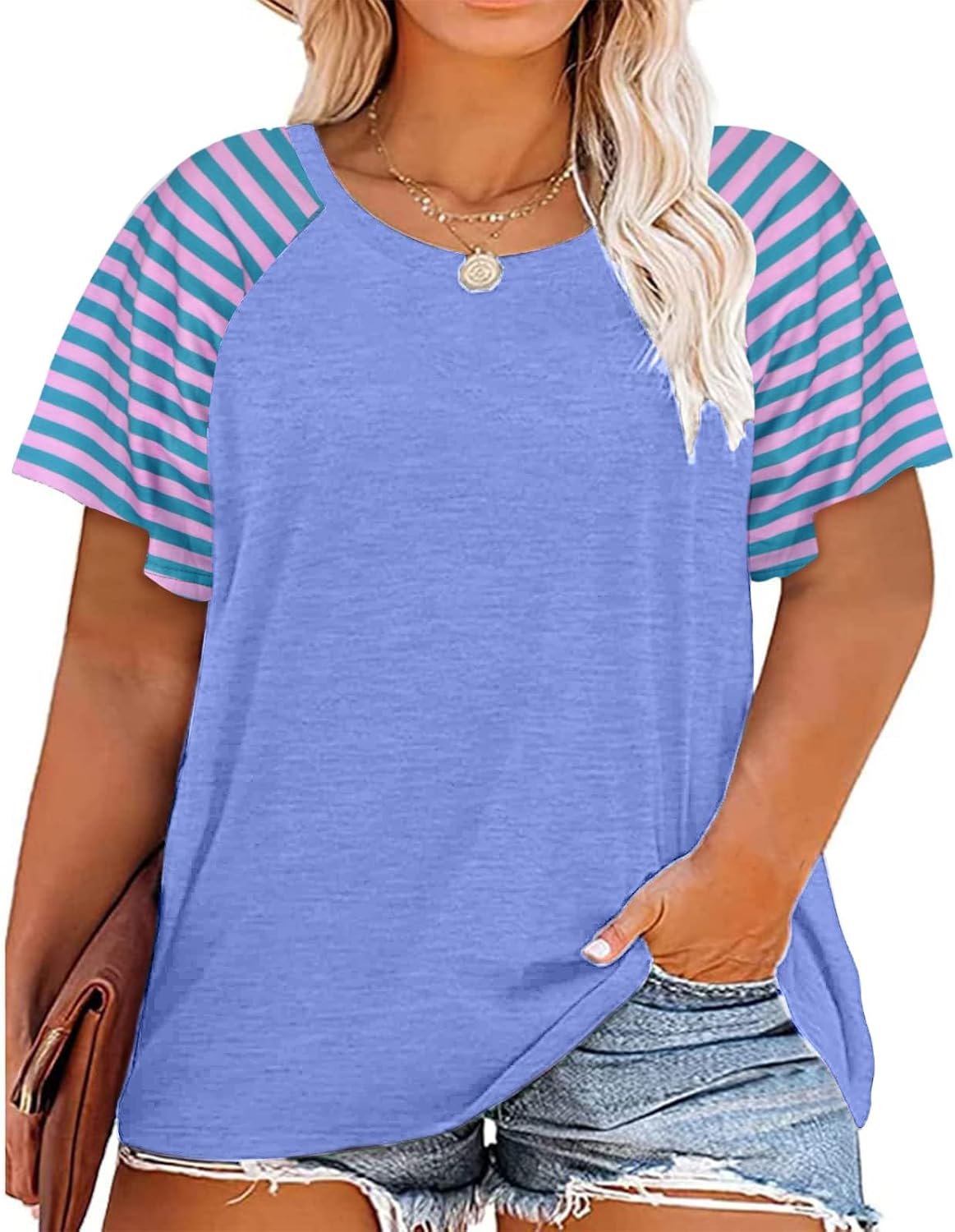 HDLTE Womens Plus Size Tops Floral Bell Sleeves Blouses Summer Crewneck Tunic Lo...