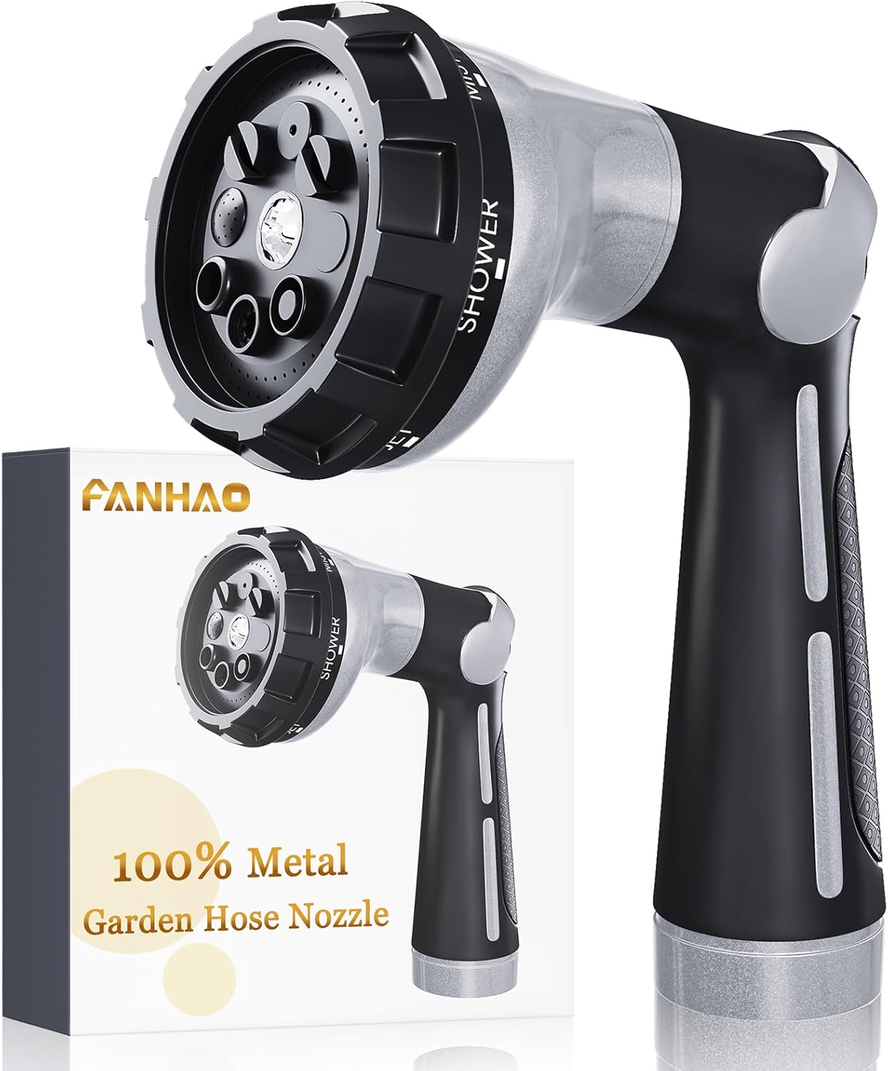 FANHAO Garden Hose Nozzle Heavy Duty, 100% Metal Water Hose Sprayer with 8 Spray...