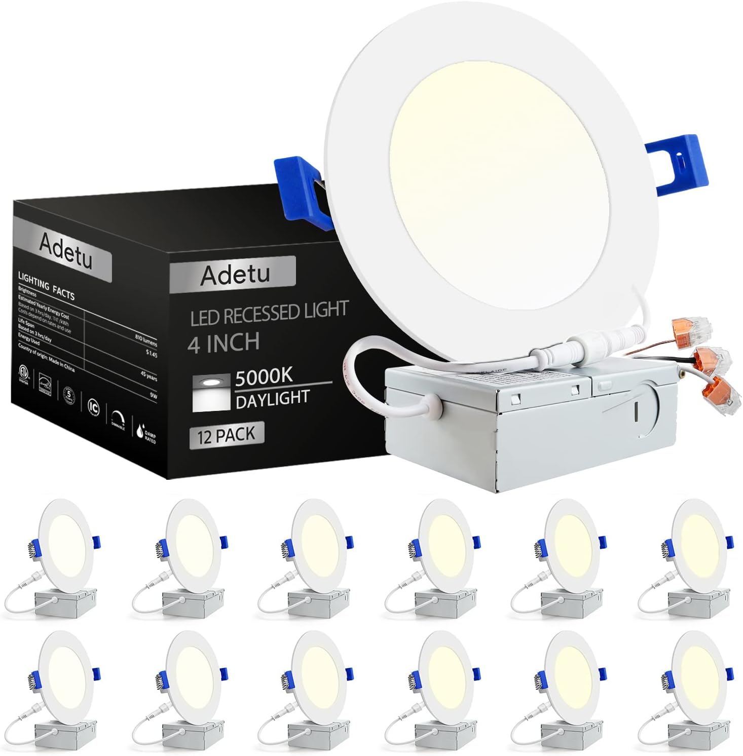 Adetu 12 Pack 4 Inch Ultra-Thin LED Recessed Ceiling Light with Junction Box, Di...