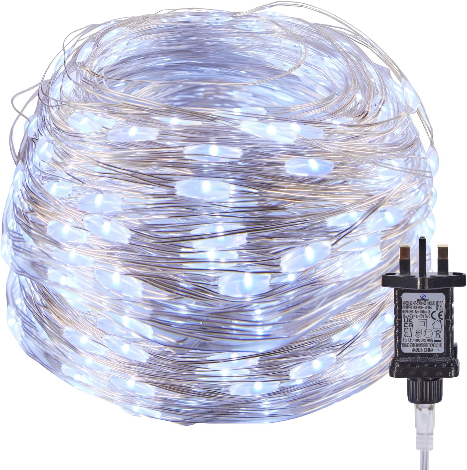 Fairy Lights Plug in, 100Ft 300 LEDs Waterproof Silver Wire Firefly Lights, Adap...