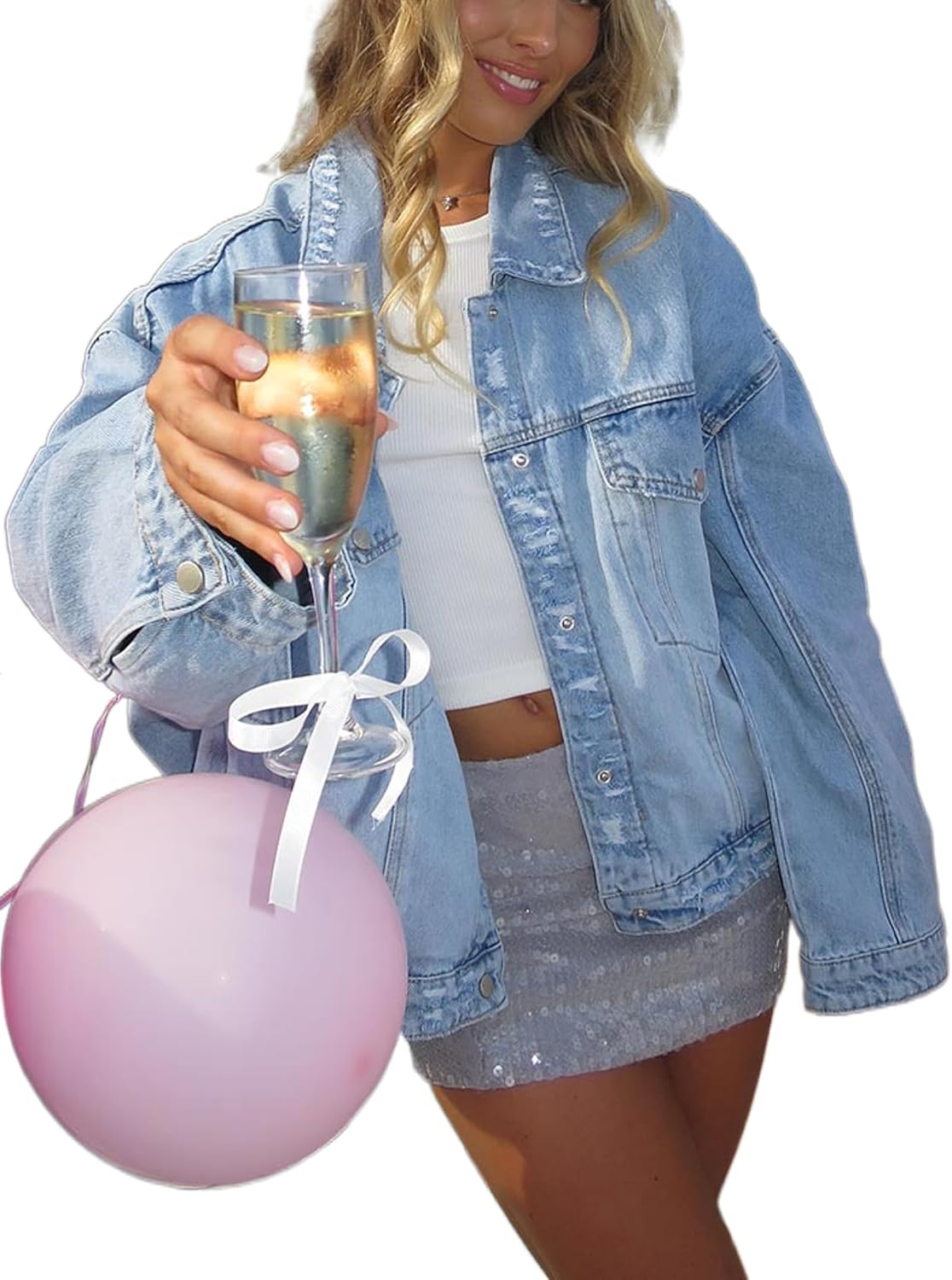 Women Distressed Light Wash Oversized Denim Jacket Medium Light Blue Washed