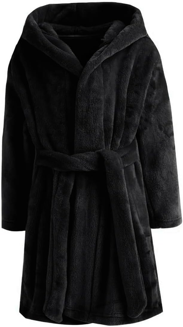 Boys Girls Robe Soft Fleece Hooded Bathrobe for Kids 3-4T Black