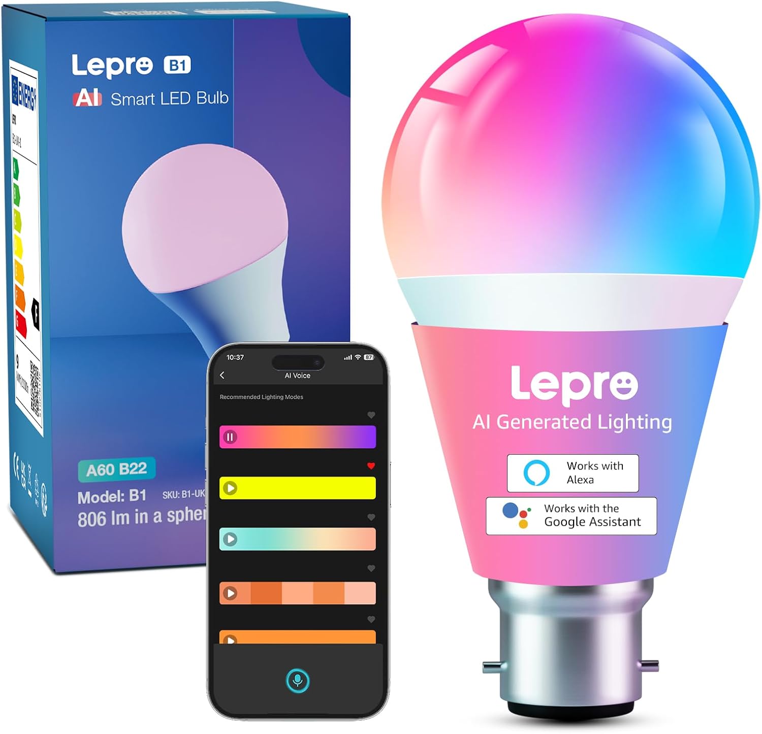 Lepro B1 AI Smart Bulb B22, Music Sync, Bayonet WiFi Bulb That Works with Alexa...