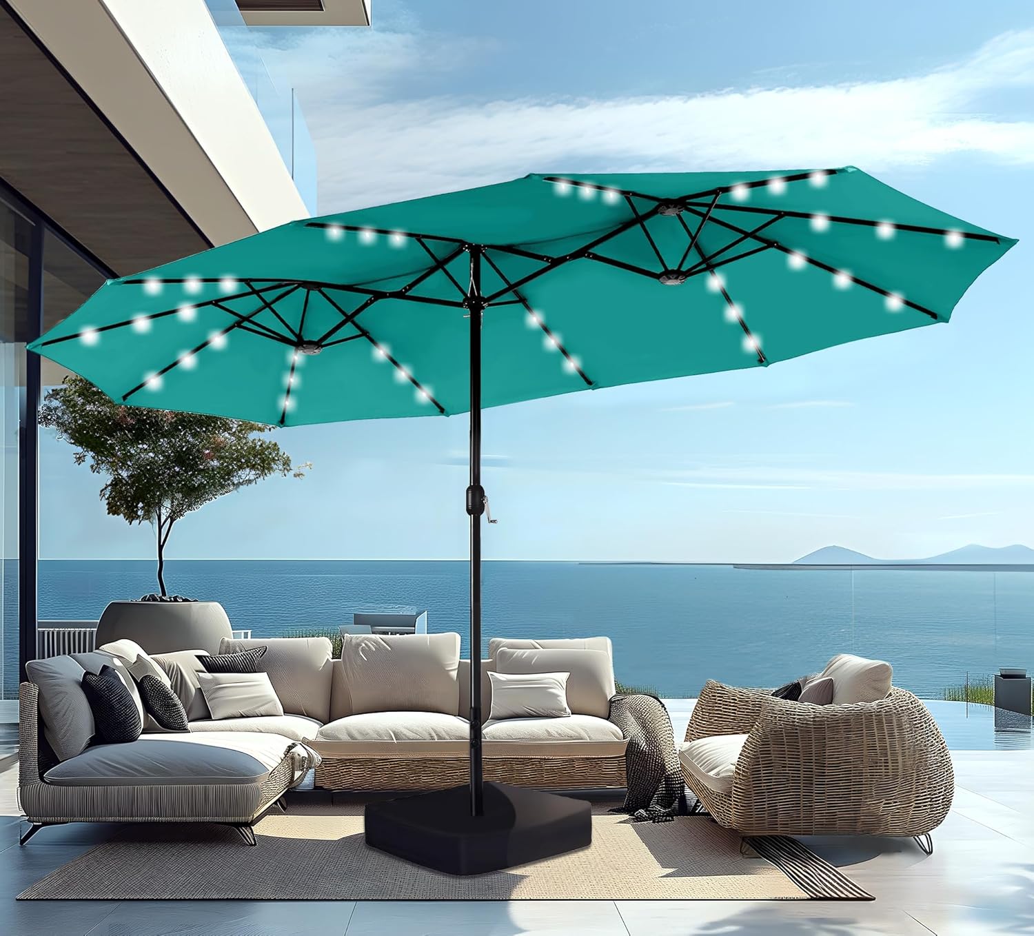 PHI VILLA 15ft Large Patio Umbrella with Solar Lights, Double-Sided Outdoor Mark...